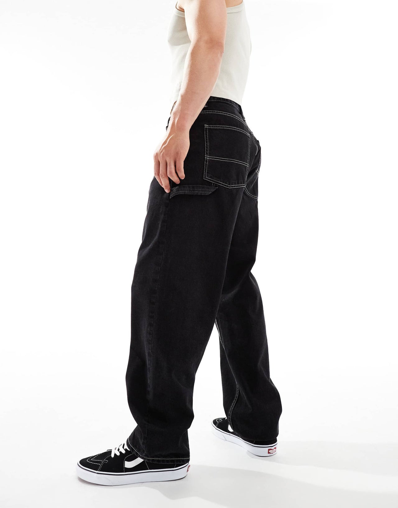 Dr Denim Colt Worker baggy fit mid waist wide leg with workwear detail in black used contract wash