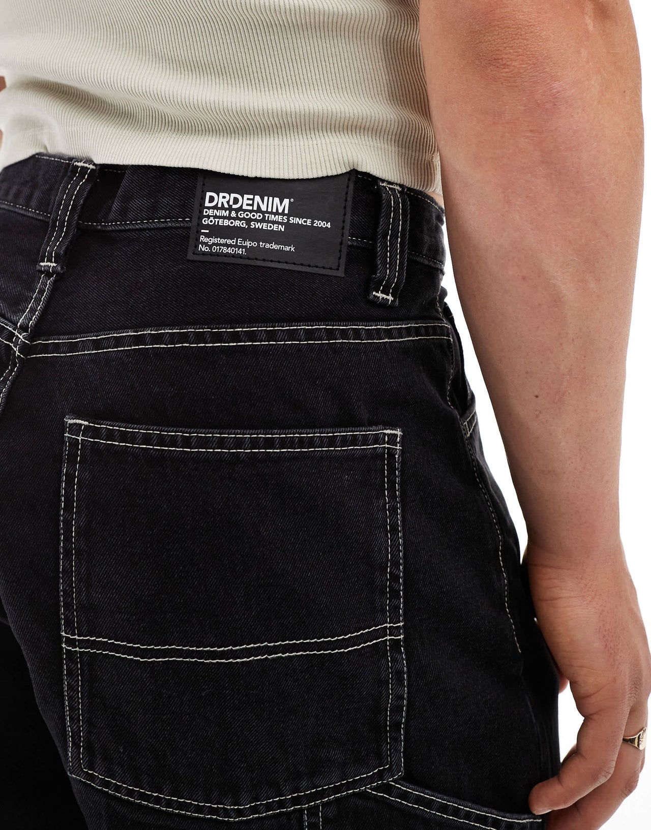 Dr Denim Colt Worker baggy fit mid waist wide leg with workwear detail in black used contract wash