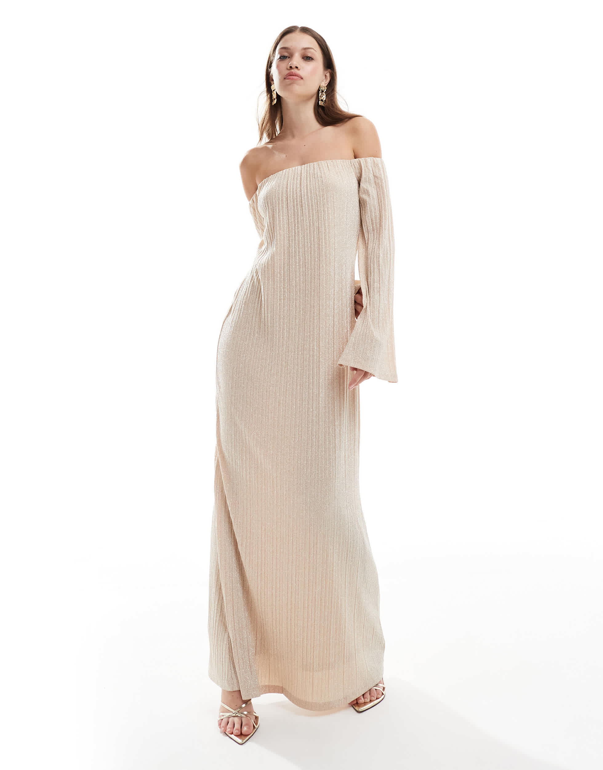 Pretty Lavish off shoulder metallic maxi dress in gold