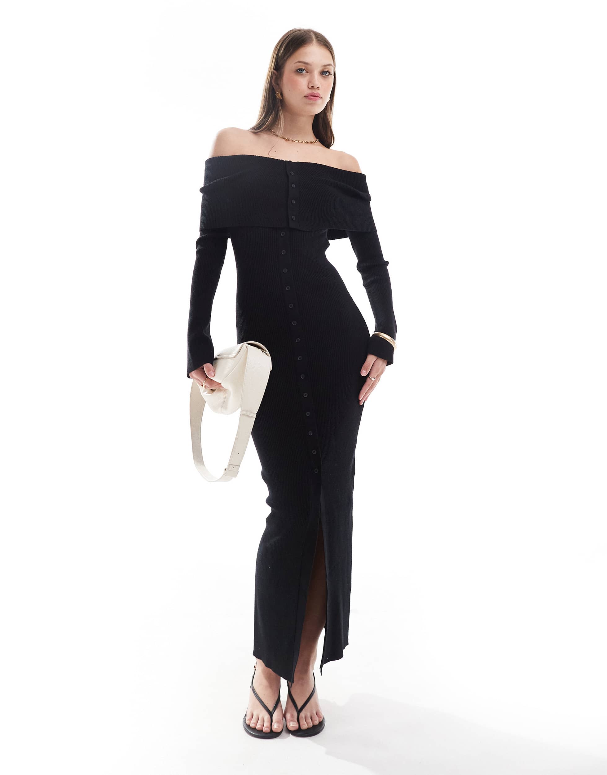 Pretty Lavish button bardot knit maxi dress in black