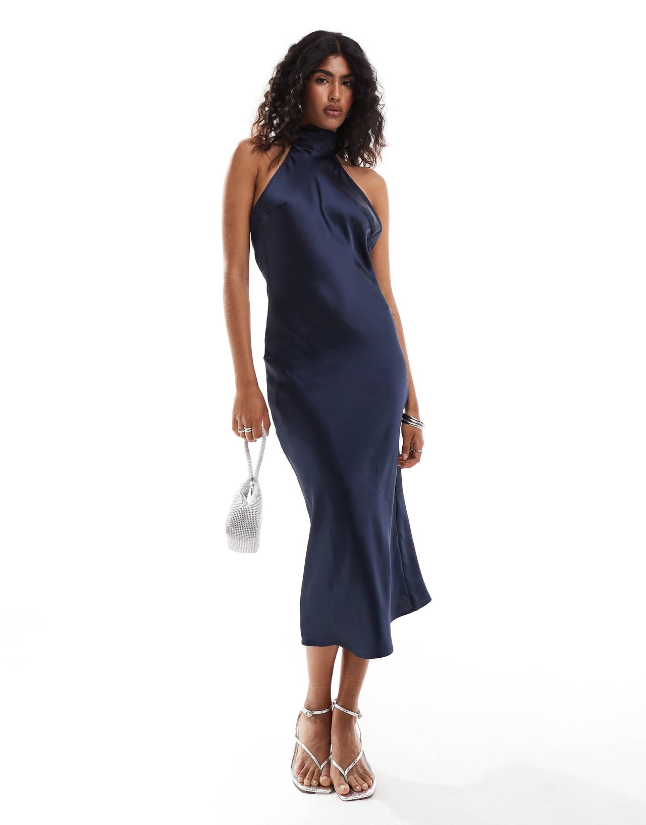Pretty Lavish high neck satin midi dress in navy