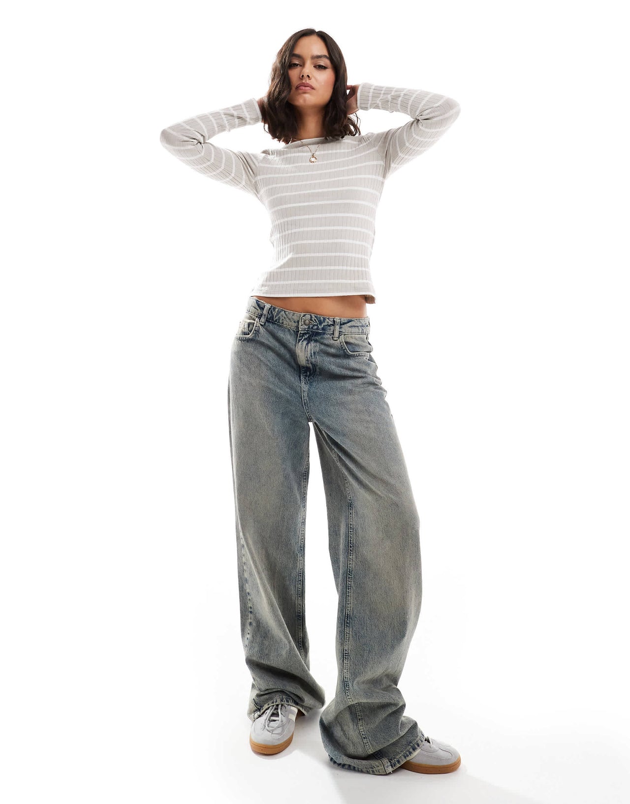 Brave Soul long sleeve boat neck top in grey and white stripe