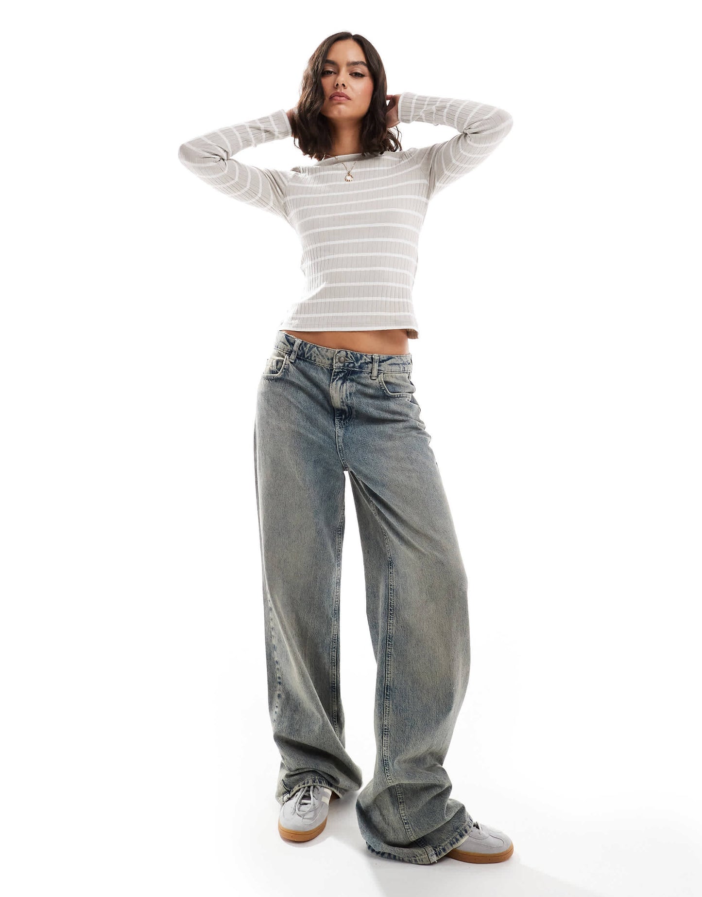 Brave Soul long sleeve boat neck top in grey and white stripe