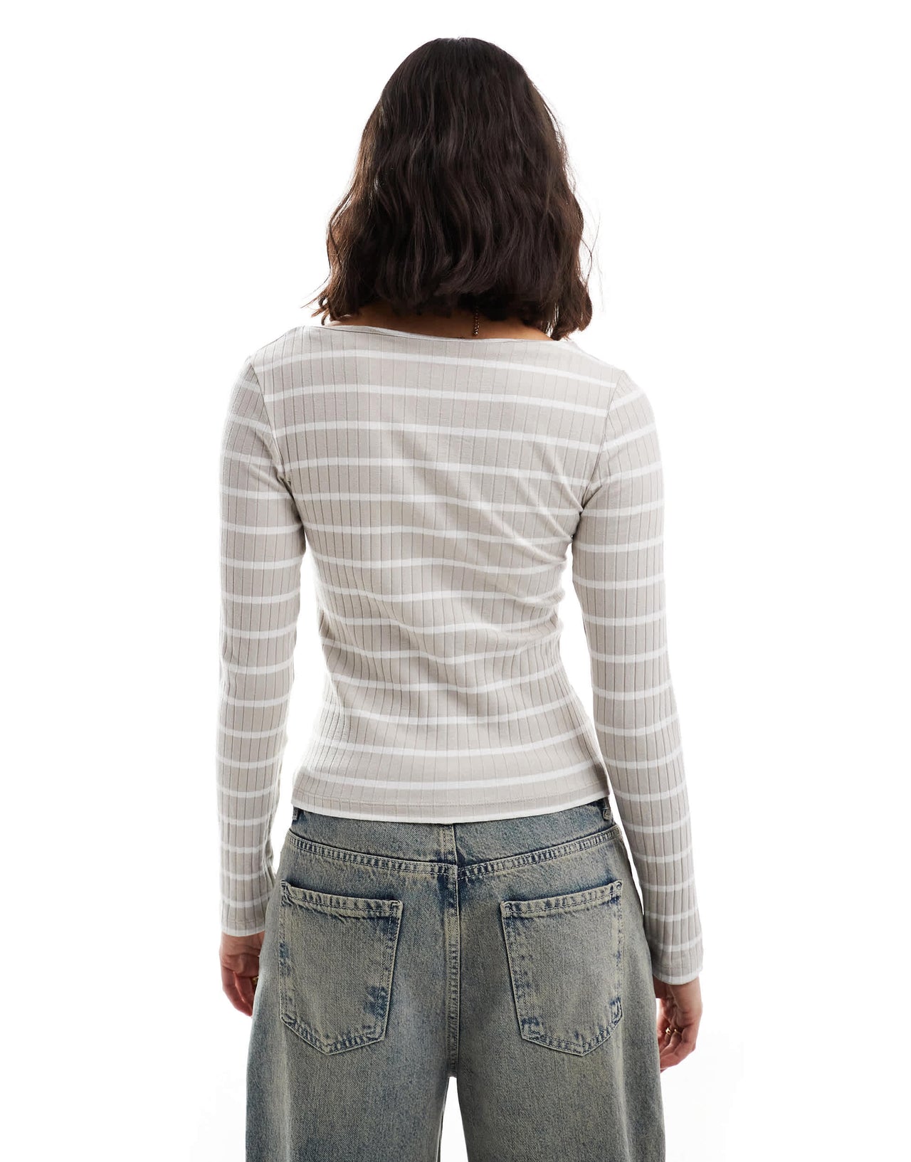 Brave Soul long sleeve boat neck top in grey and white stripe