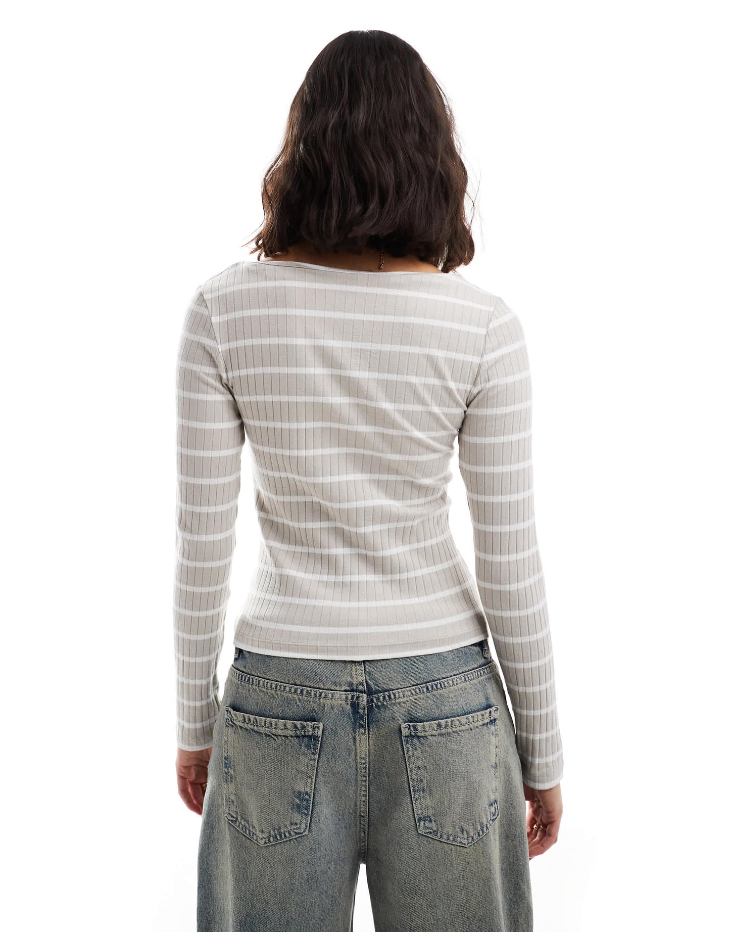 Brave Soul long sleeve boat neck top in grey and white stripe