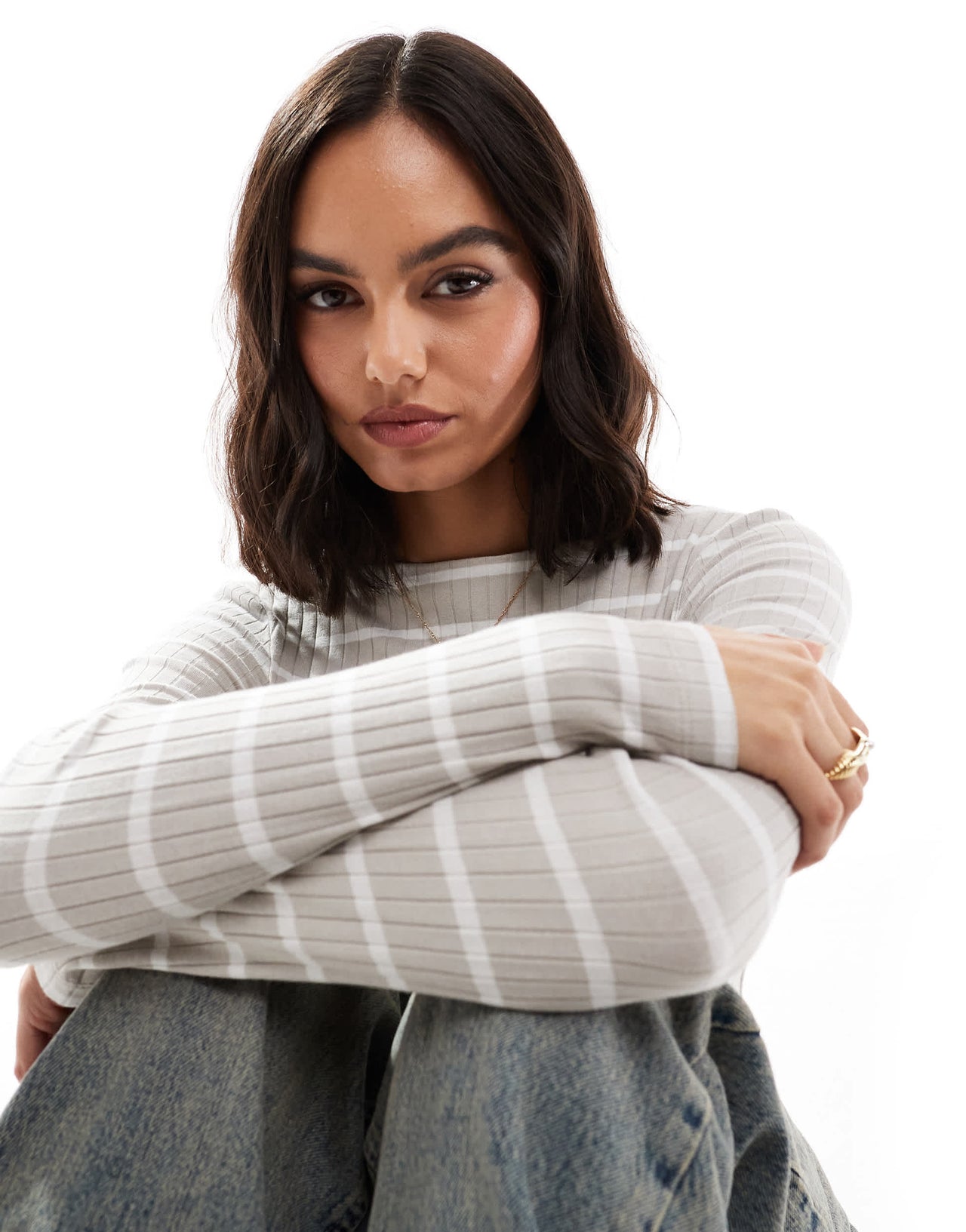 Brave Soul long sleeve boat neck top in grey and white stripe