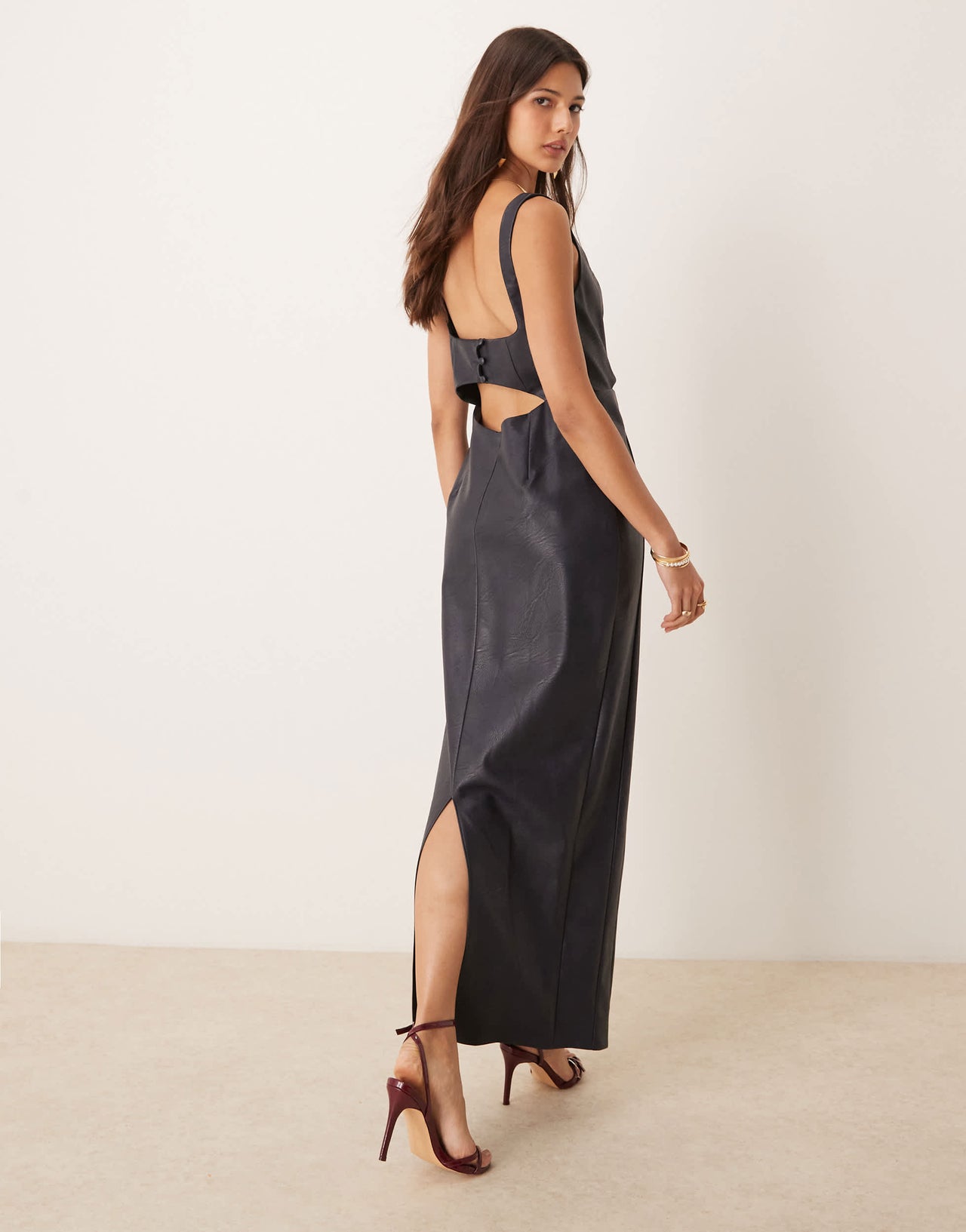 ASOS DESIGN square neck PU pencil maxi dress with cut out in midnight blue