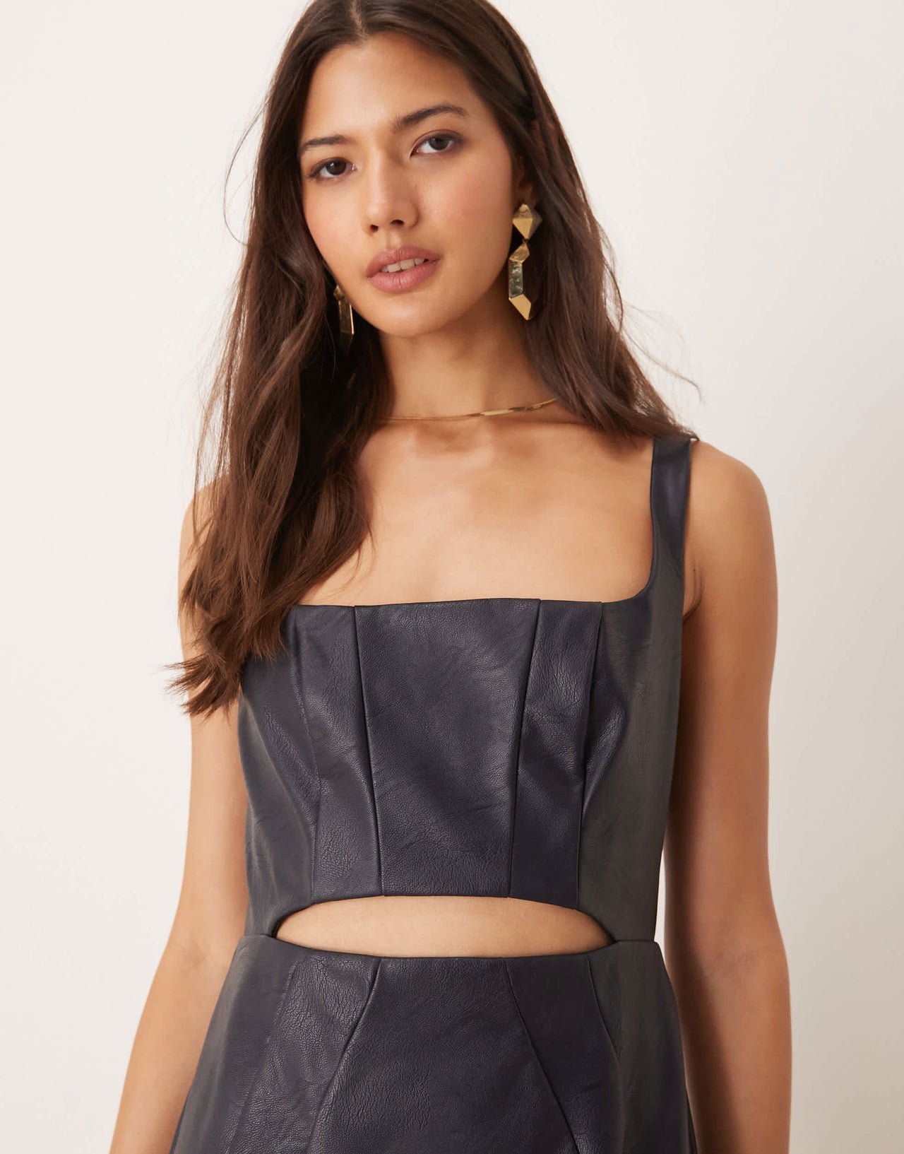 ASOS DESIGN square neck PU pencil maxi dress with cut out in midnight blue