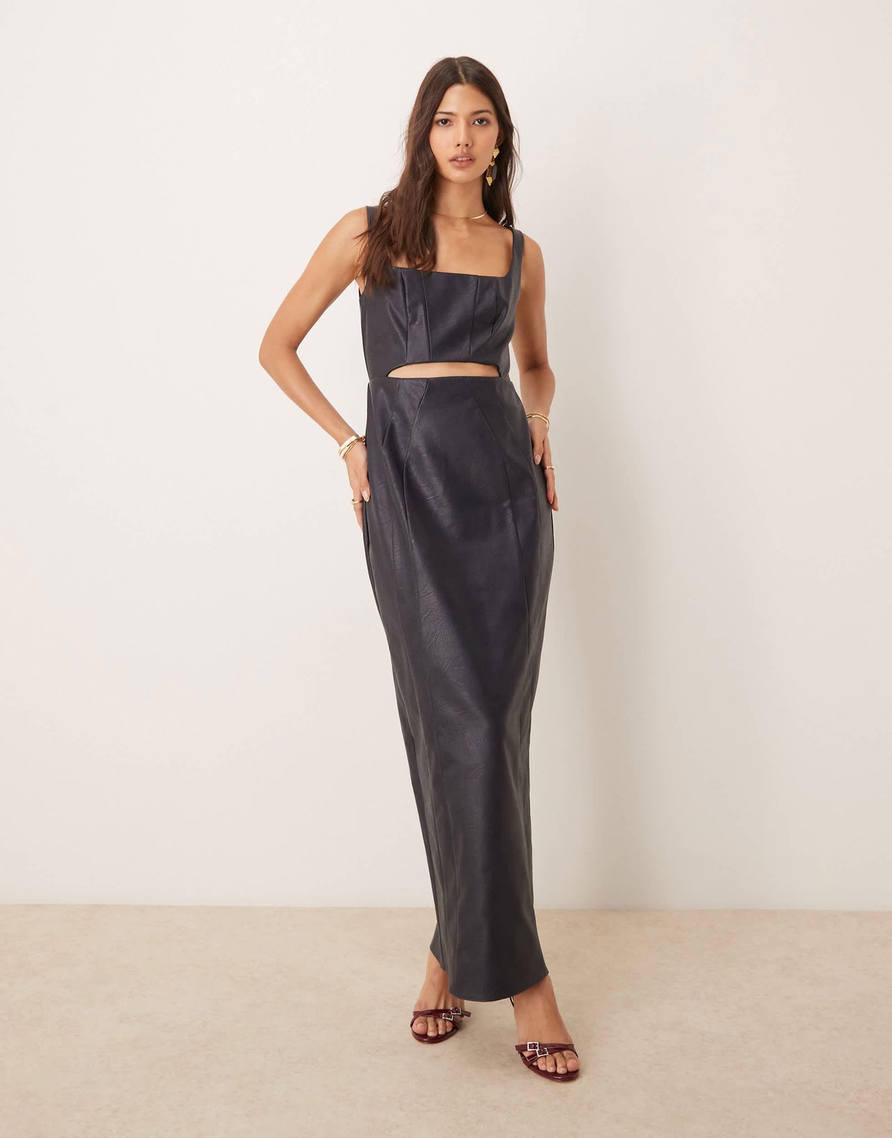 ASOS DESIGN square neck PU pencil maxi dress with cut out in midnight blue