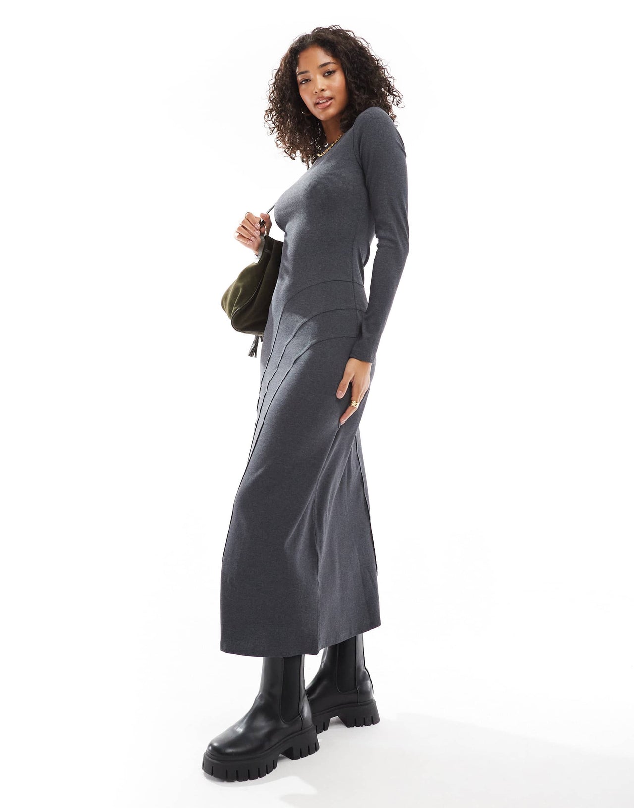 ASOS DESIGN long sleeve scoop neck midi dress with seam detail in charcoal