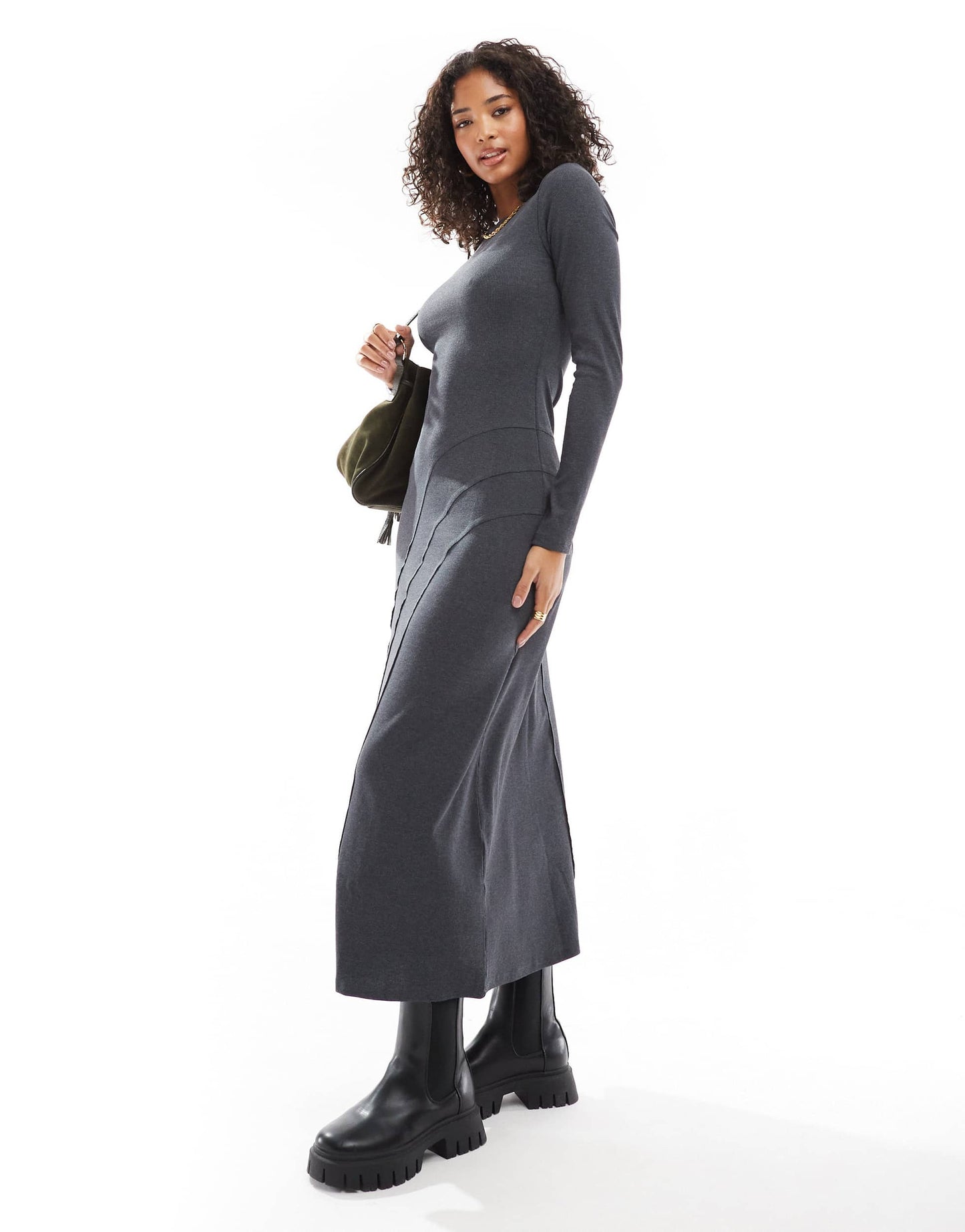 ASOS DESIGN long sleeve scoop neck midi dress with seam detail in charcoal