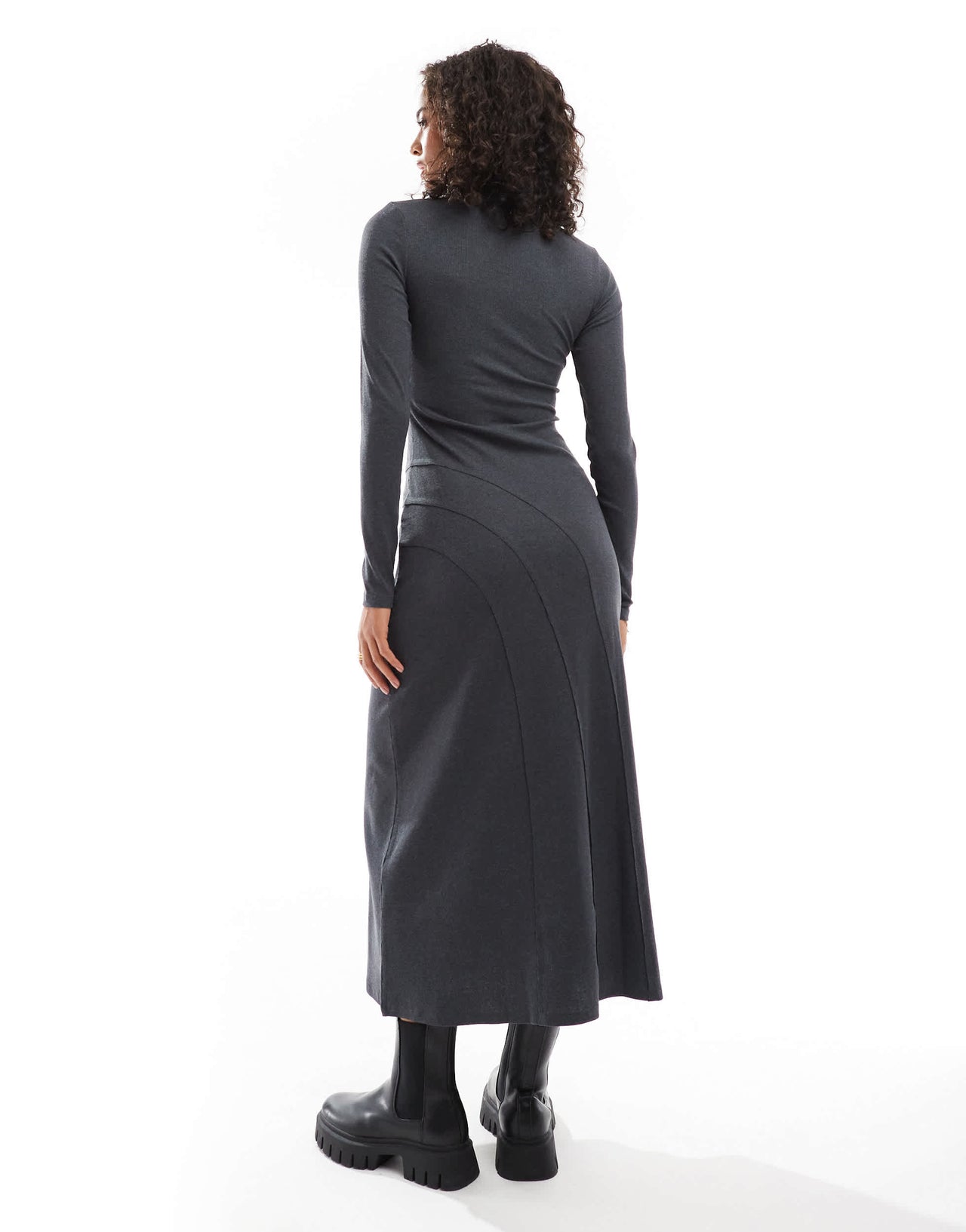 ASOS DESIGN long sleeve scoop neck midi dress with seam detail in charcoal