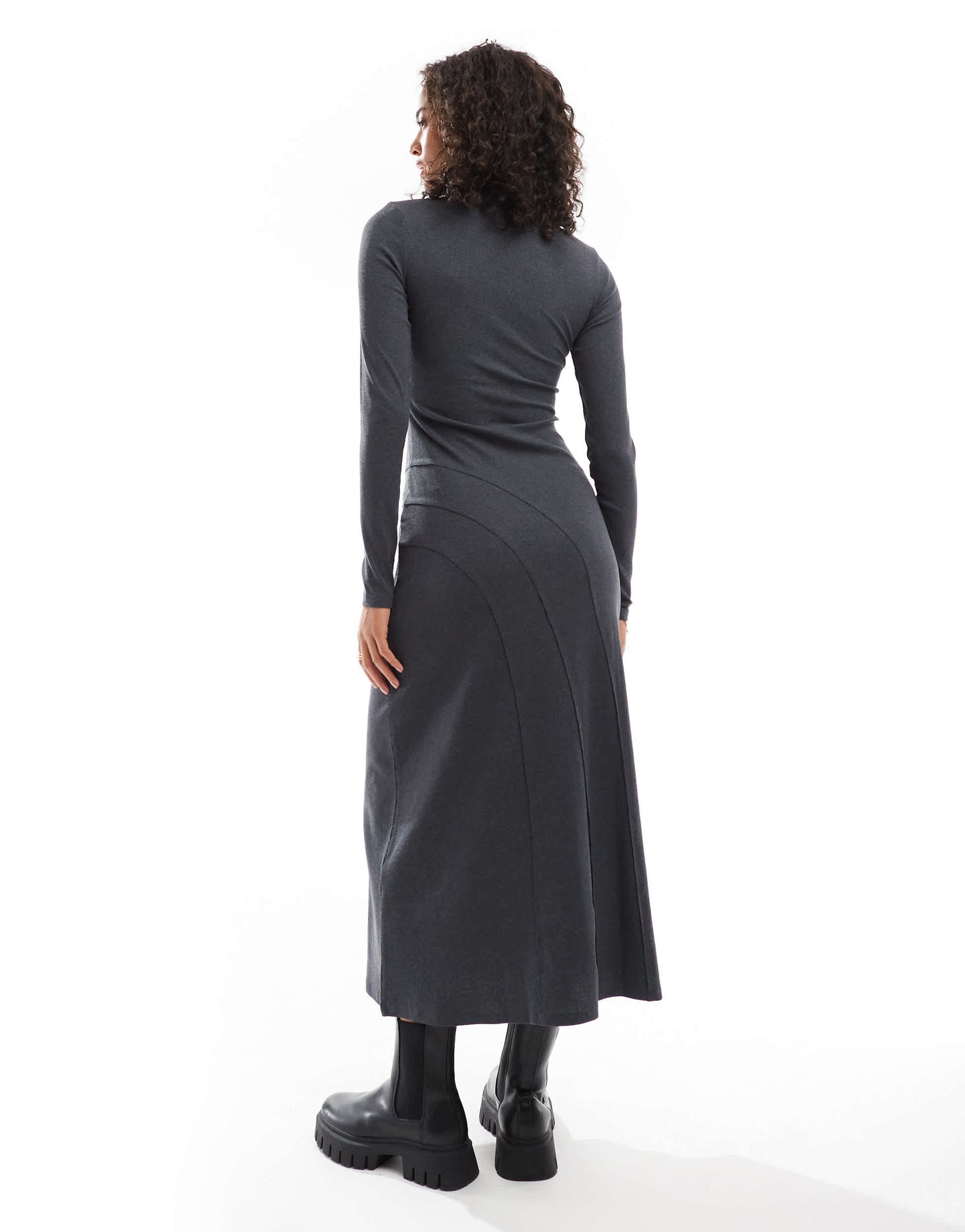 ASOS DESIGN long sleeve scoop neck midi dress with seam detail in charcoal