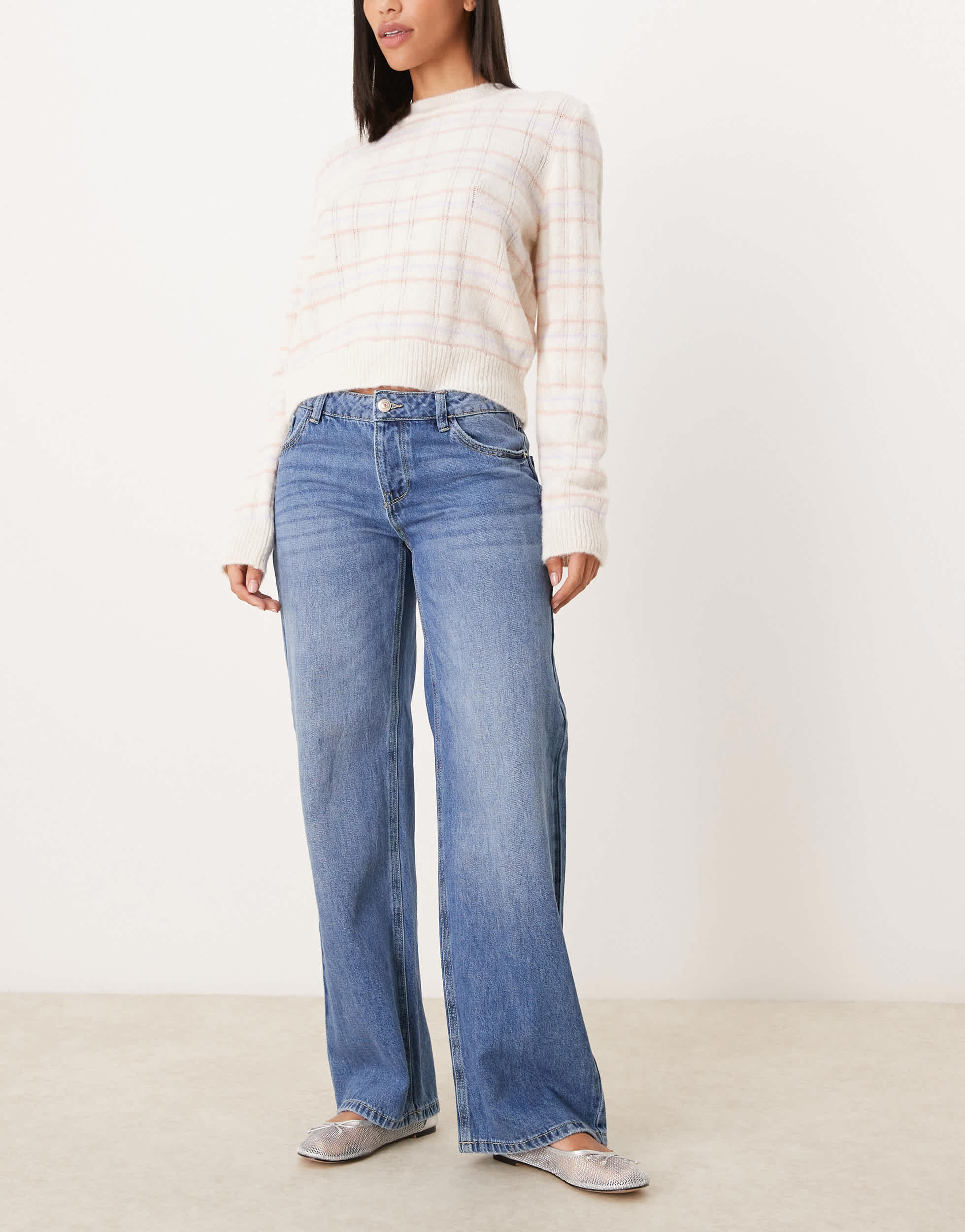 Pimkie low rise wide leg jeans in mid blue wash