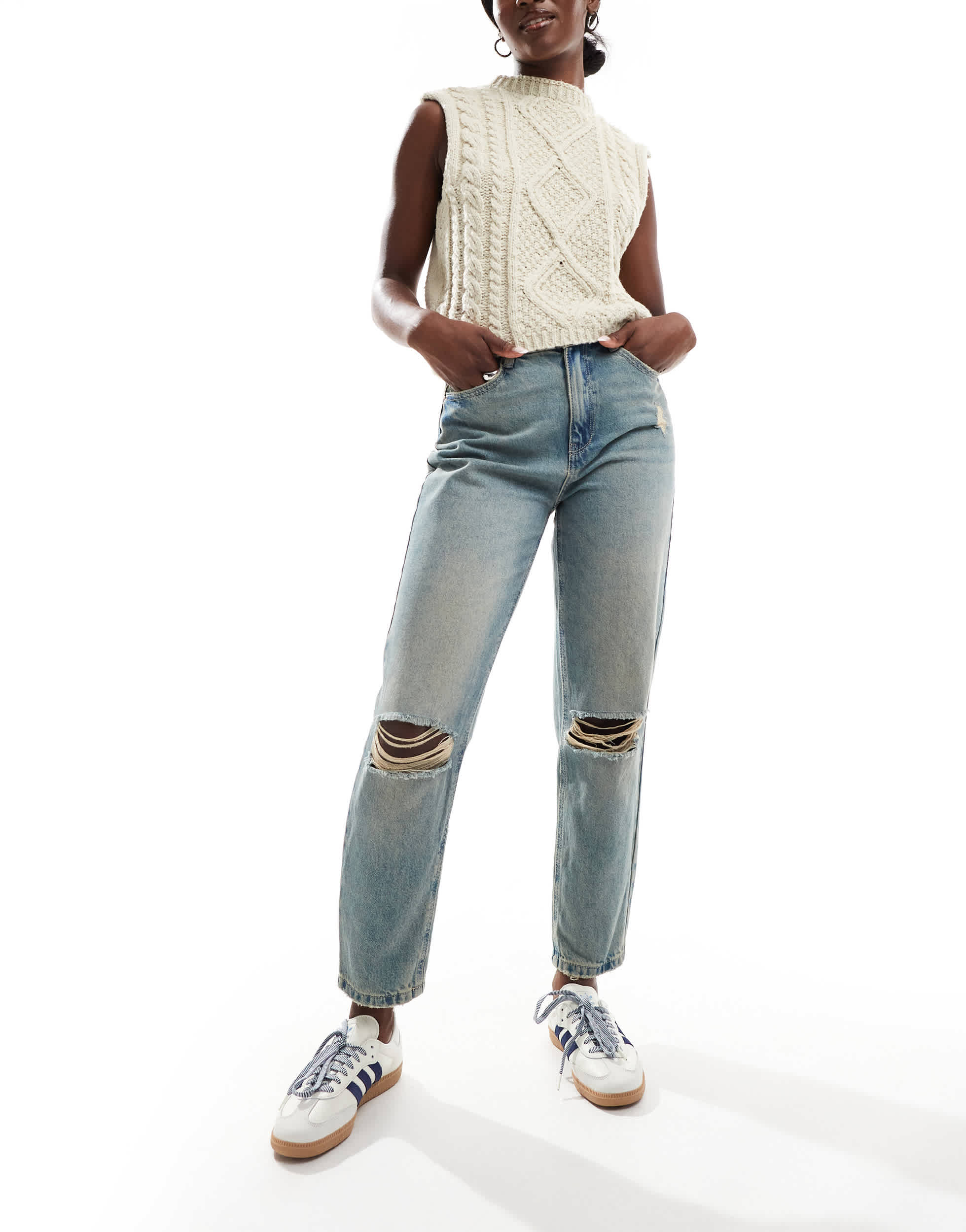 Pimkie high waisted knee rip distressed mom jeans in dirty blue wash