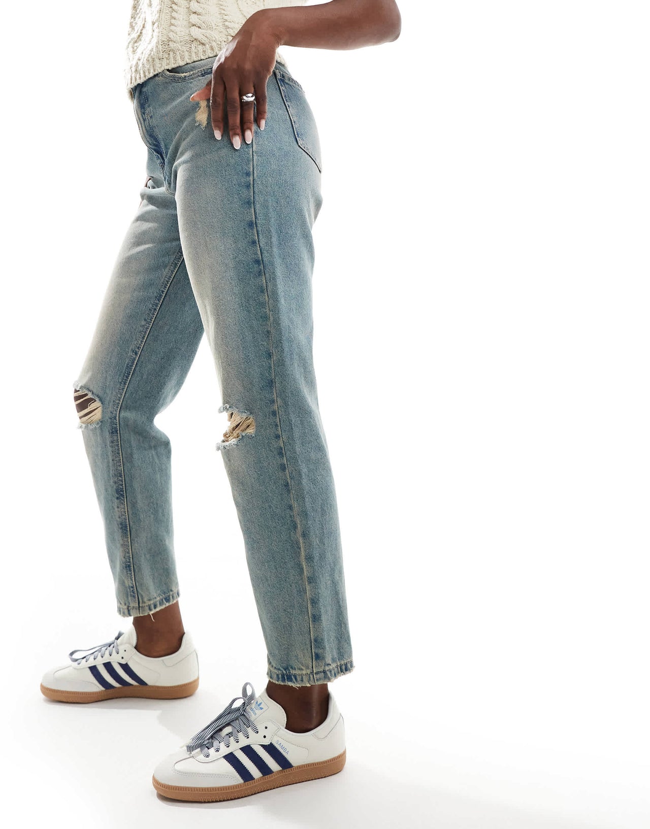 Pimkie high waisted knee rip distressed mom jeans in dirty blue wash