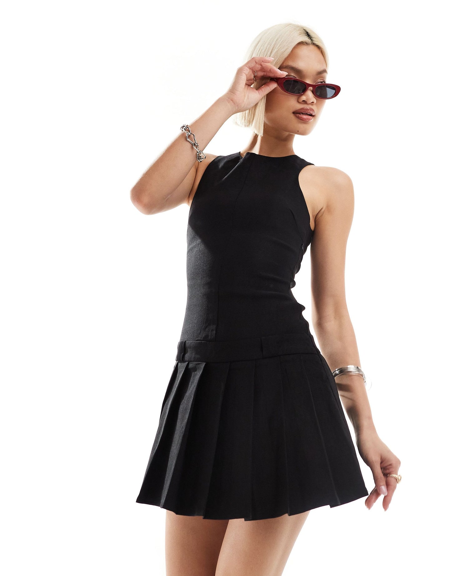Motel ayosa open back mini kilt dress in black