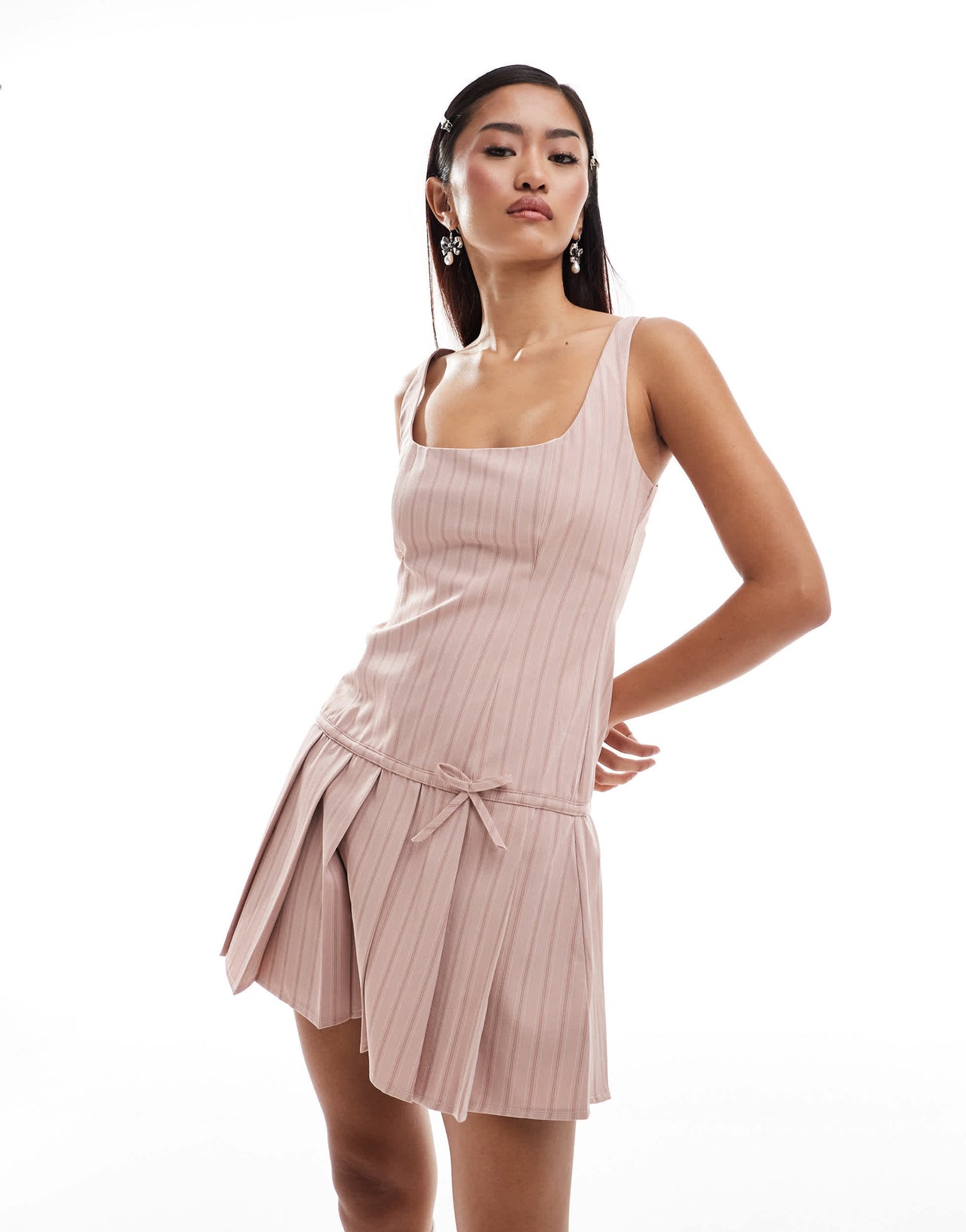 Motel jadzia drop waist pleated mini dress in pink pinstripe