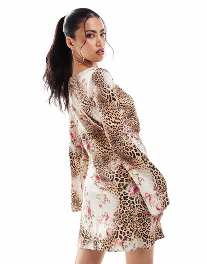 New Look long sleeve mini dress in animal and rose print