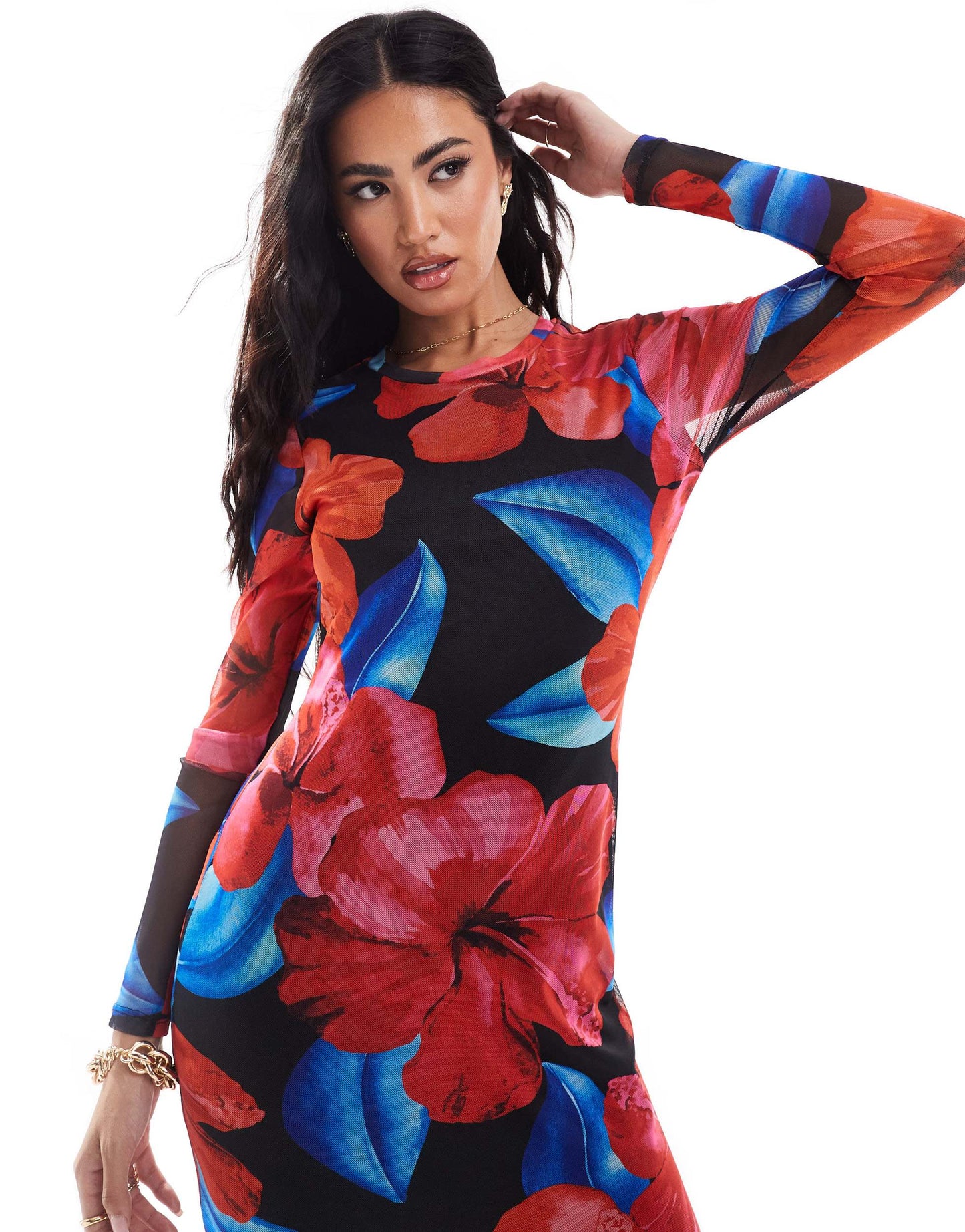New Look Hibiscus mesh midi dress in black and pink