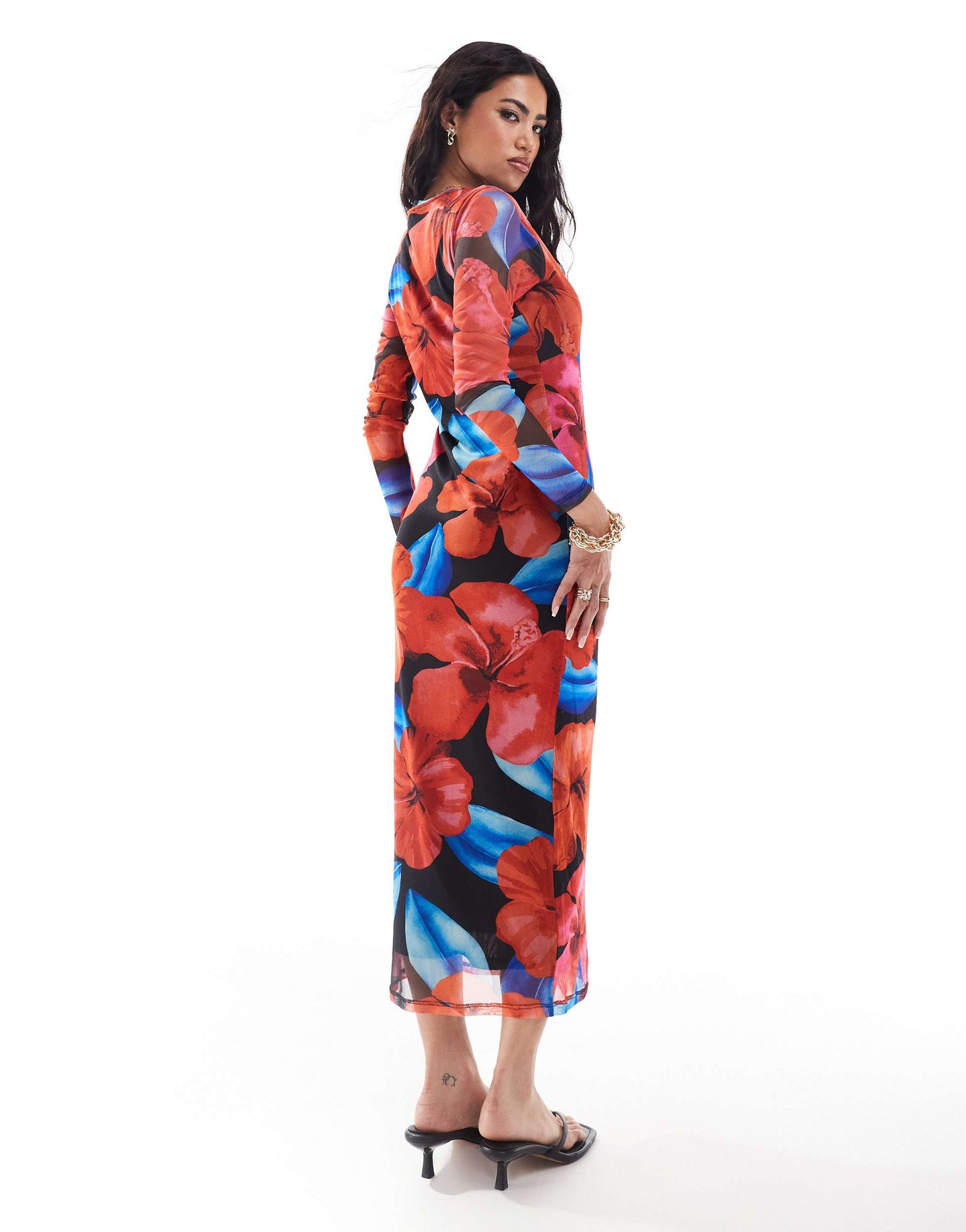 New Look Hibiscus mesh midi dress in black and pink