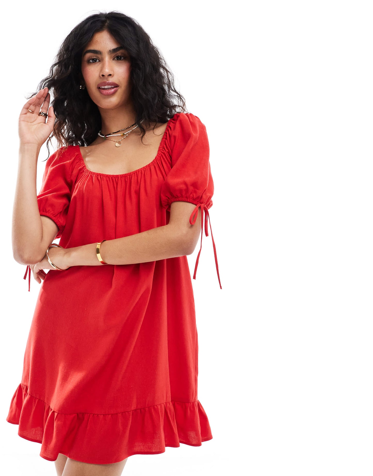ASOS DESIGN tiered tie sleeve smock mini dress in red