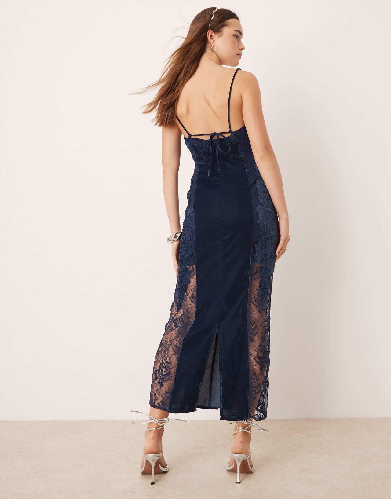 ASOS EDITION lace embroidered velvet cami midi dress in dark blue