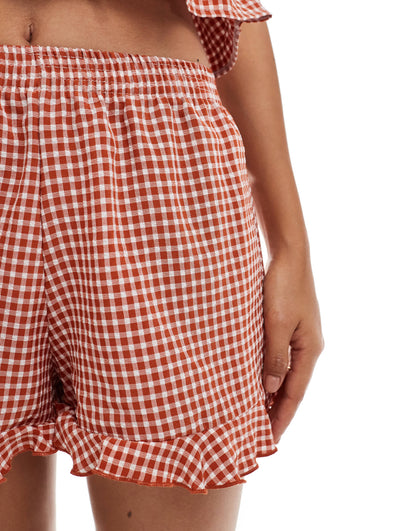 Miss Selfridge gingham frill short in rust