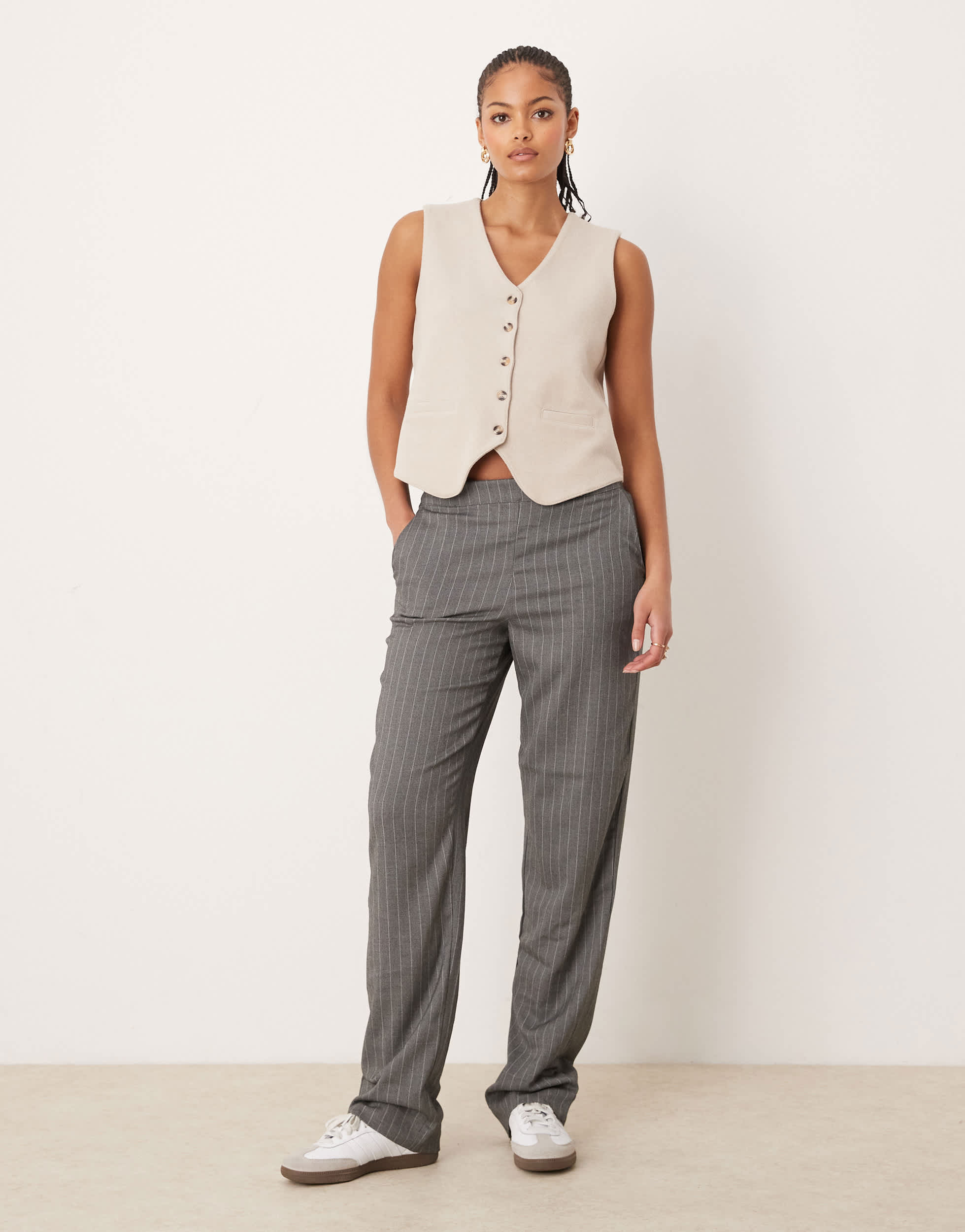 JDY Tall straight leg trousers in light grey pinstripe