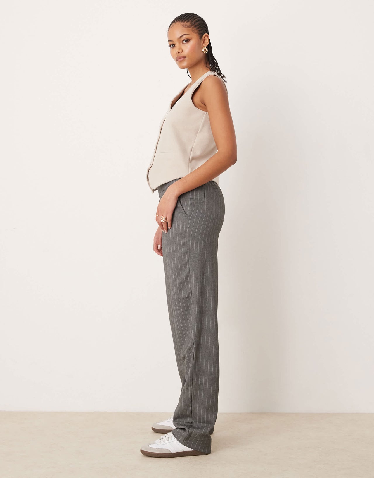 JDY Tall straight leg trousers in light grey pinstripe