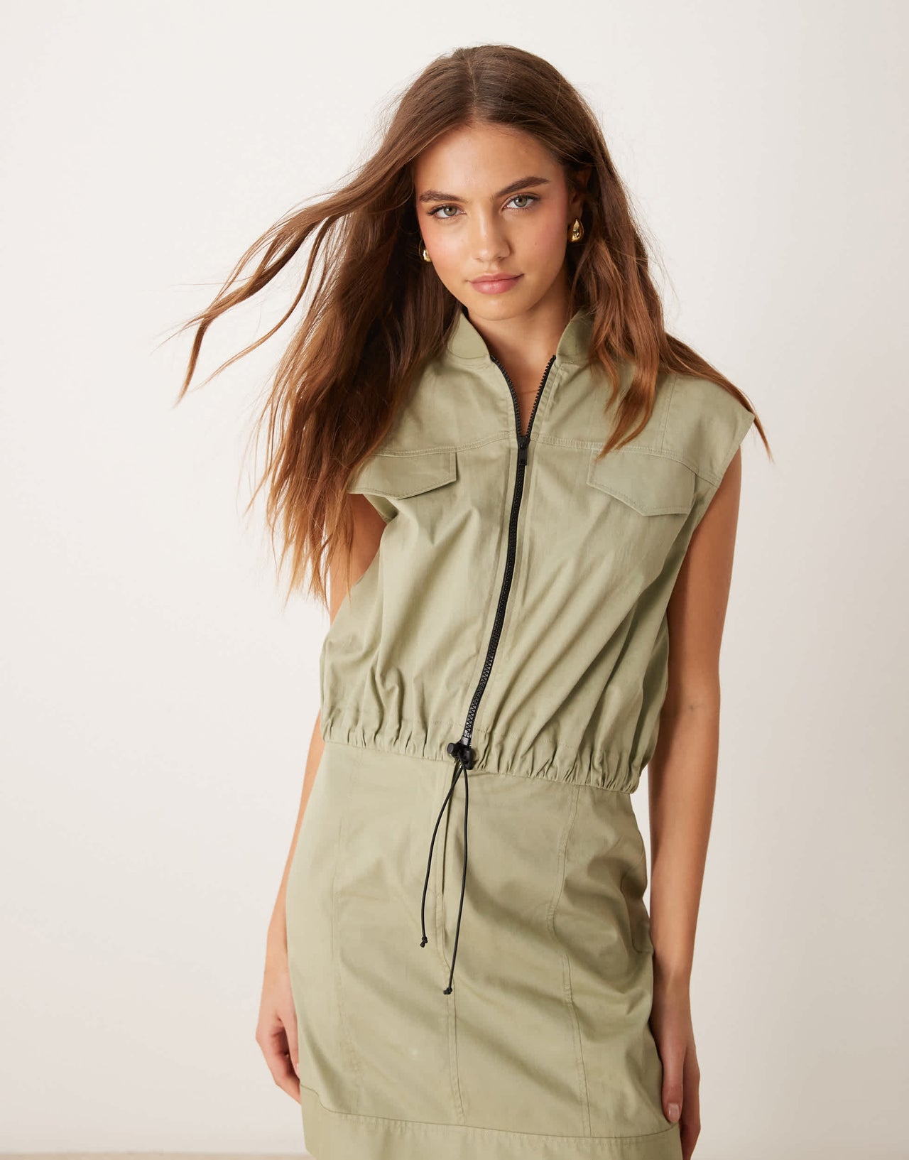 ASOS DESIGN utility zip through mini dress in khaki