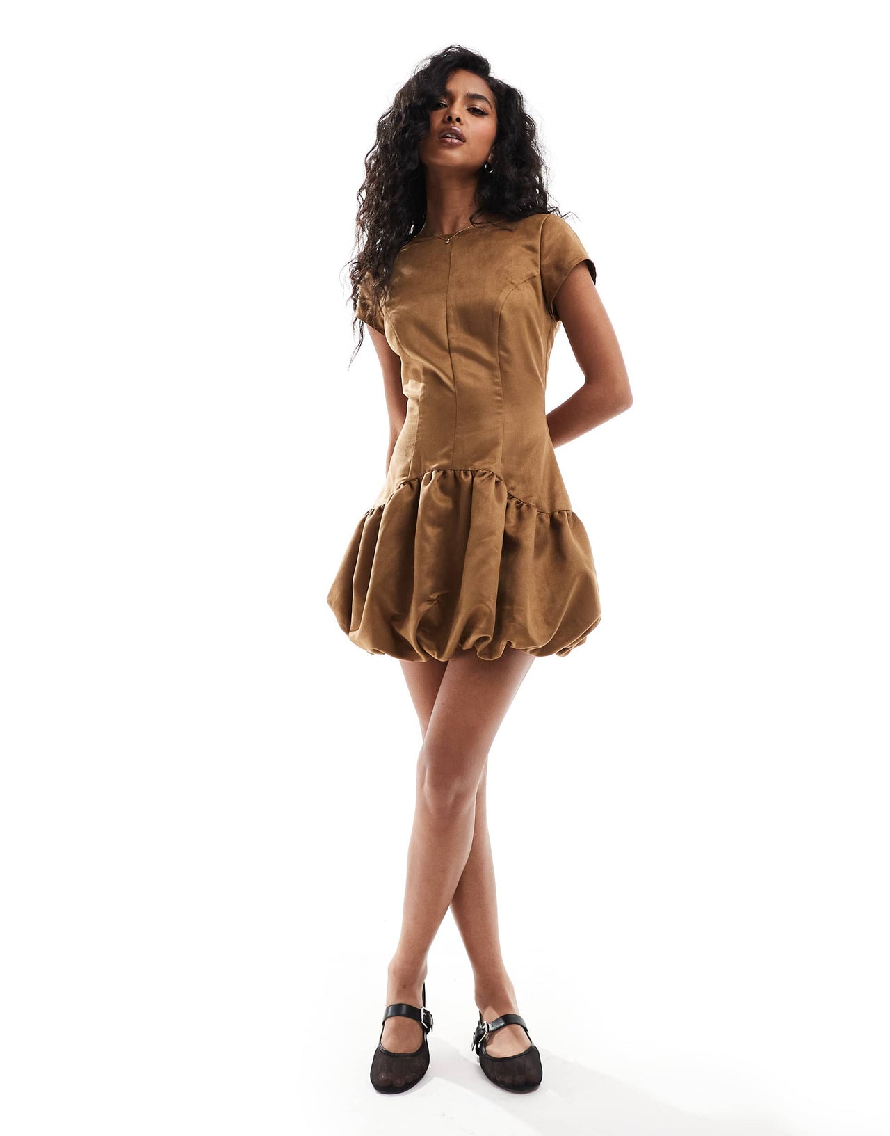ASOS DESIGN suedette puffball mini dress in tan