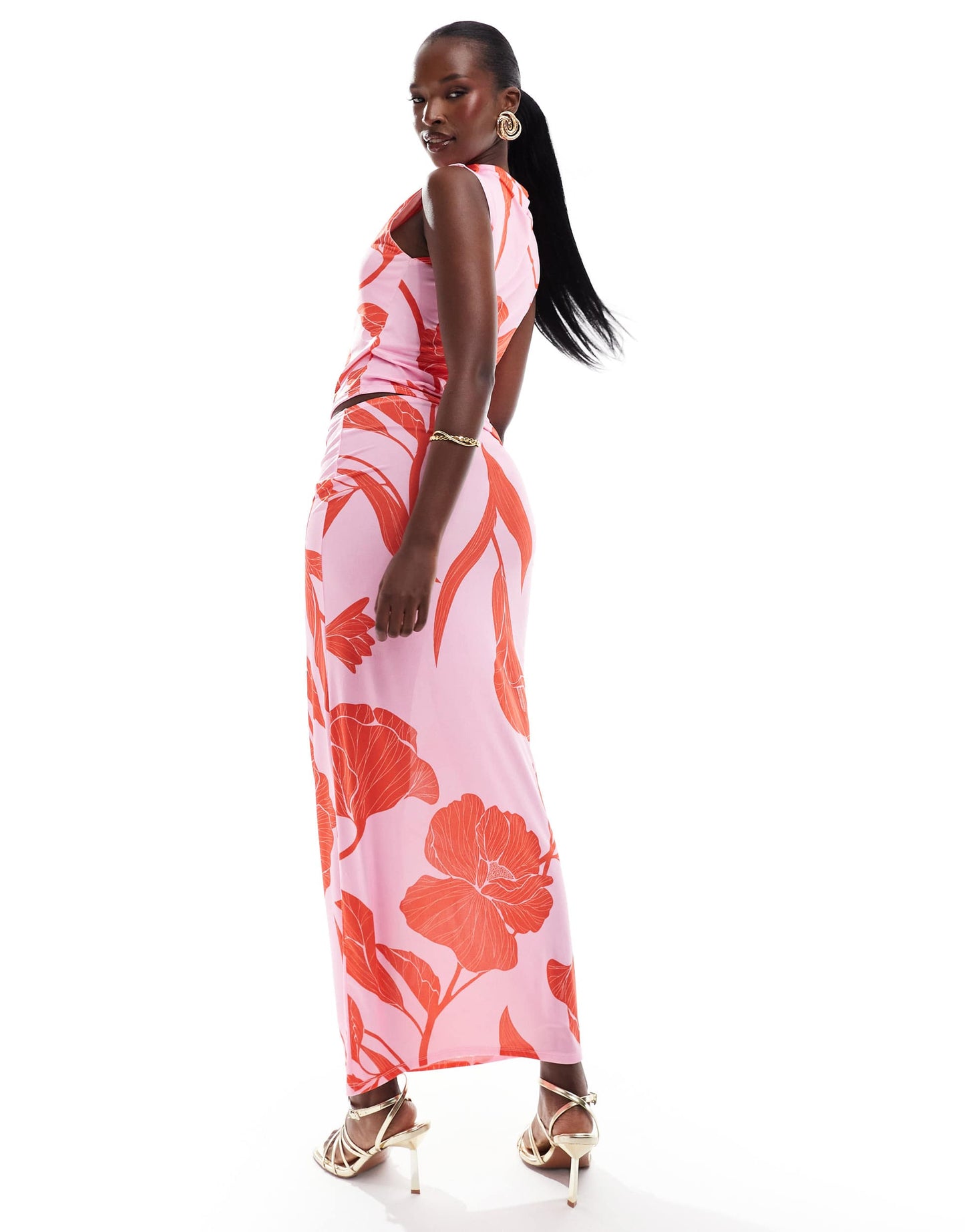 ASOS DESIGN co-ord slinky maxi skirt in pink oversized floral