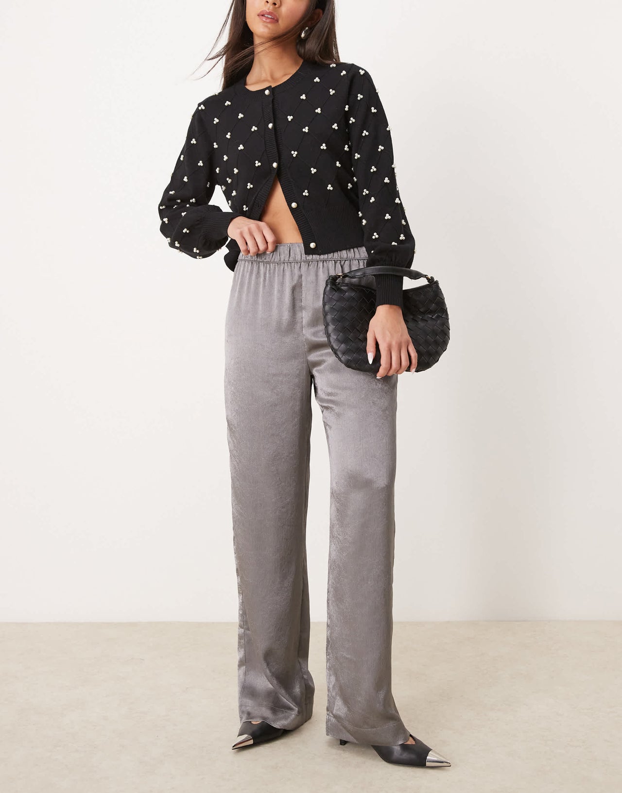 JDY wide leg metallic trousers in grey