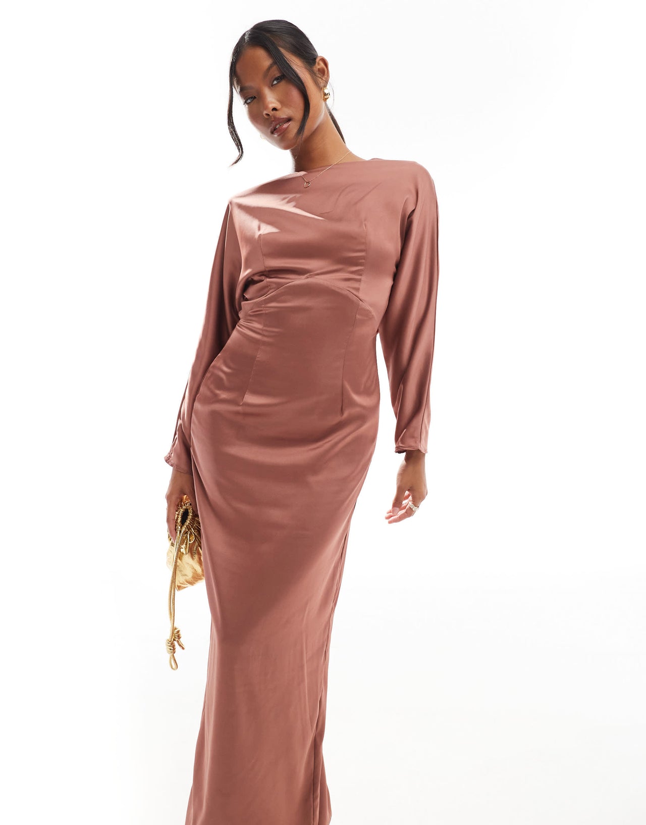 TFNC Petite long sleeve satin cowl back maxi dress in mulberry