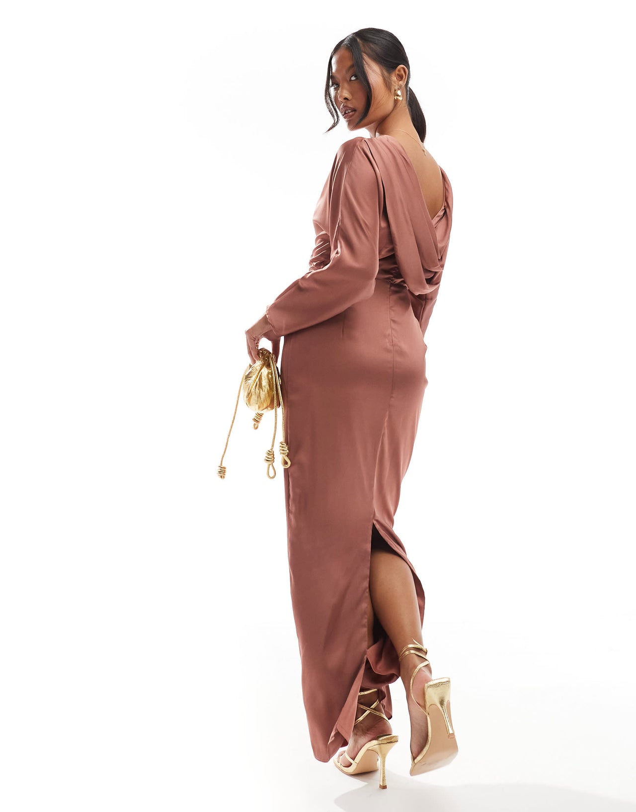 TFNC Petite long sleeve satin cowl back maxi dress in mulberry