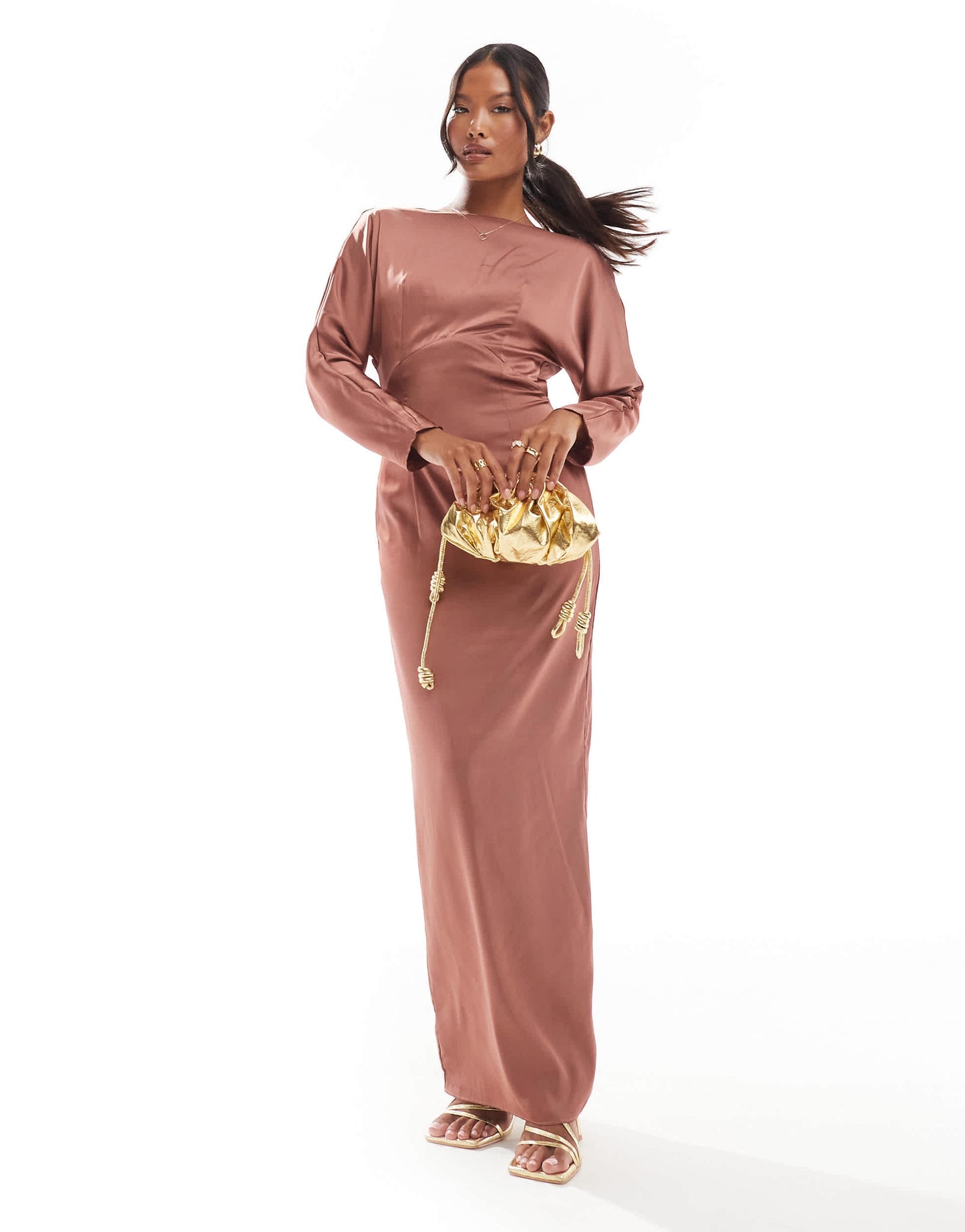 TFNC Petite long sleeve satin cowl back maxi dress in mulberry