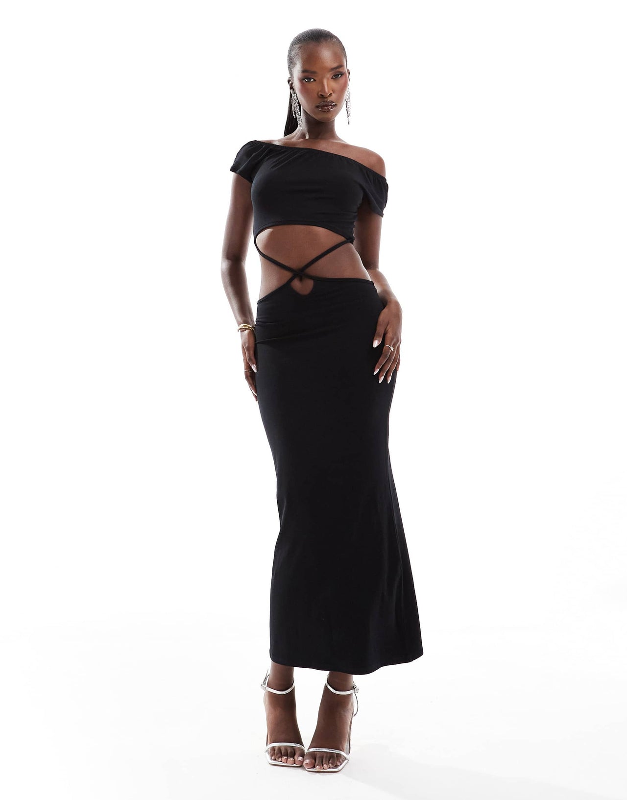 ASOS DESIGN bardot midi dress with cross strap detailing and back tie in black