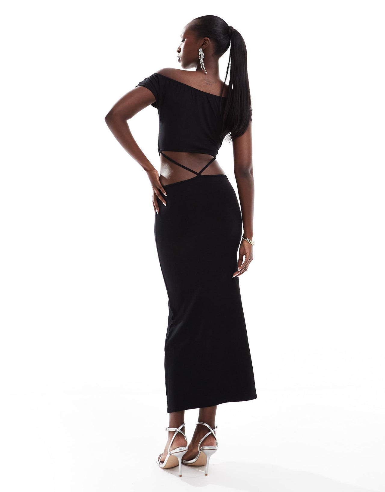 ASOS DESIGN bardot midi dress with cross strap detailing and back tie in black