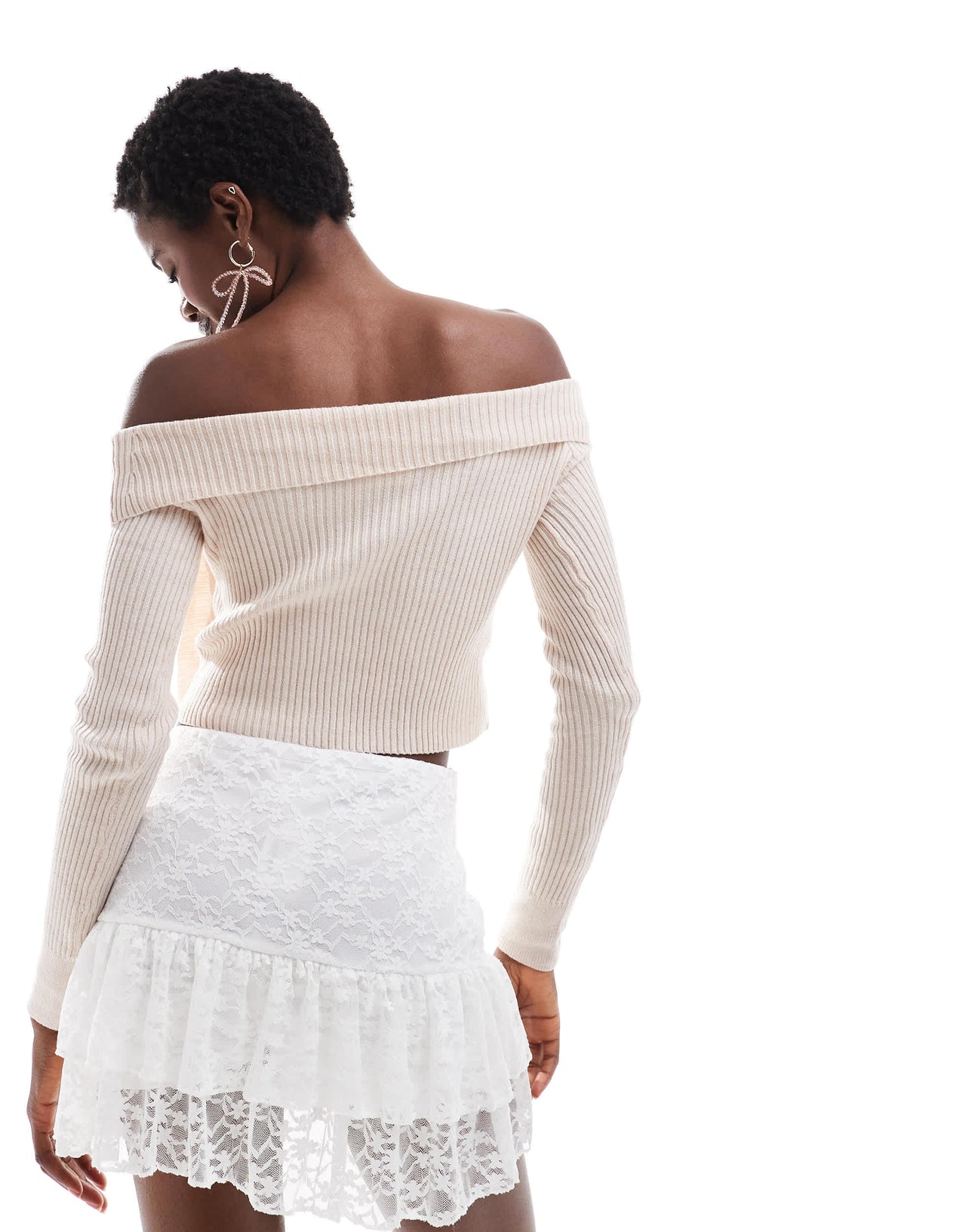 Daisy Street cream off the shoulder rib jumper with tie detail