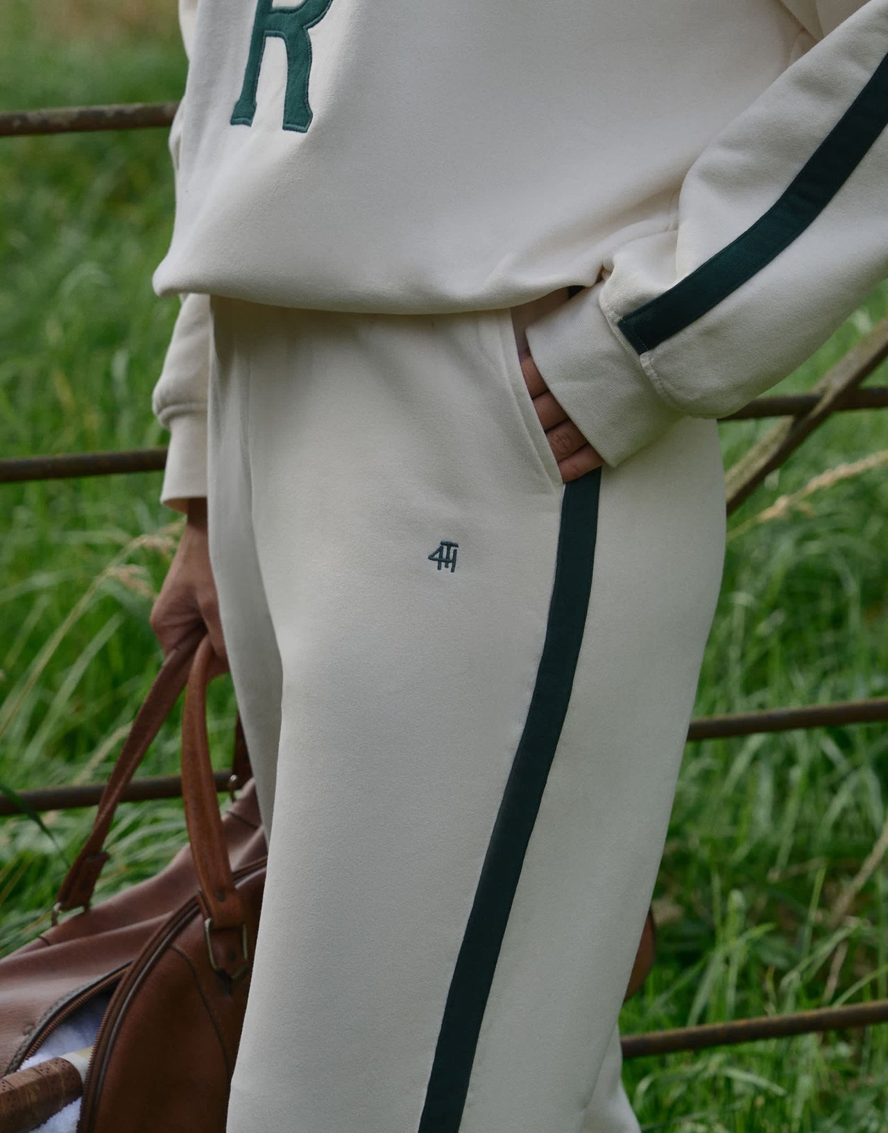 4th & Reckless Sloane cuff jogger in green and cream contrast