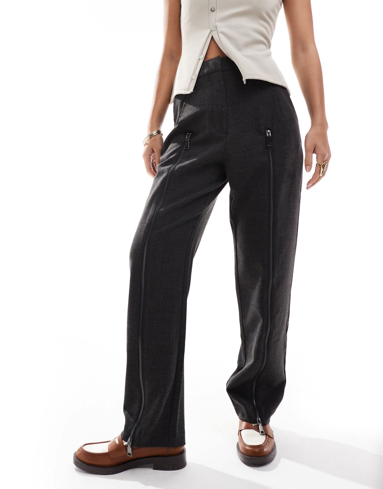 ASOS DESIGN zip leg tailored trouser in charcoal