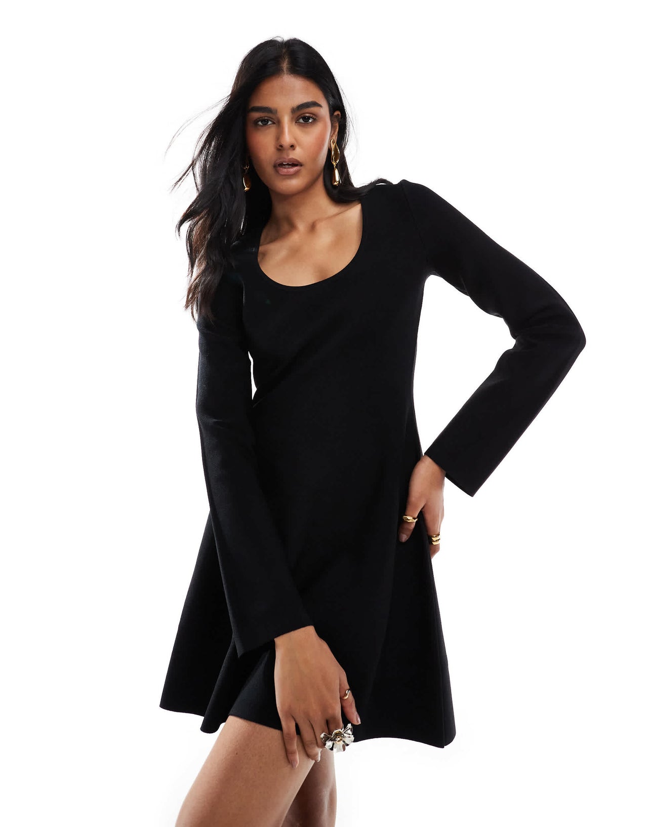 & Other Stories knitted scoop neck mini dress with bell sleeves in black