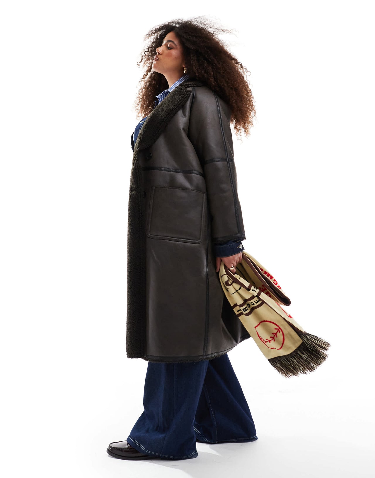 ASOS DESIGN Curve longline shearling jacket with contrast binding in brown