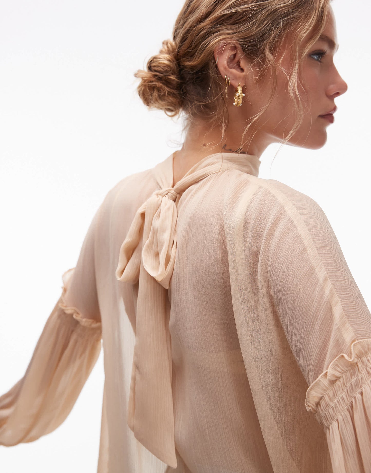 Topshop sheer bow neck top in blush