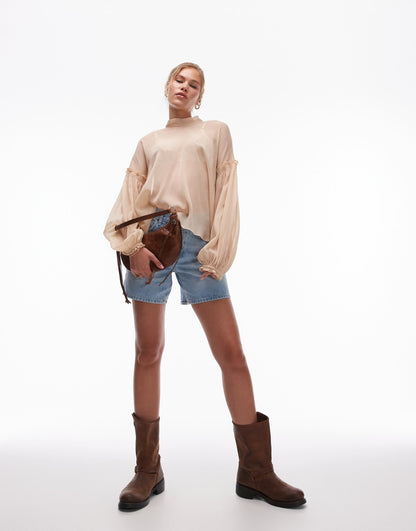 Topshop sheer bow neck top in blush