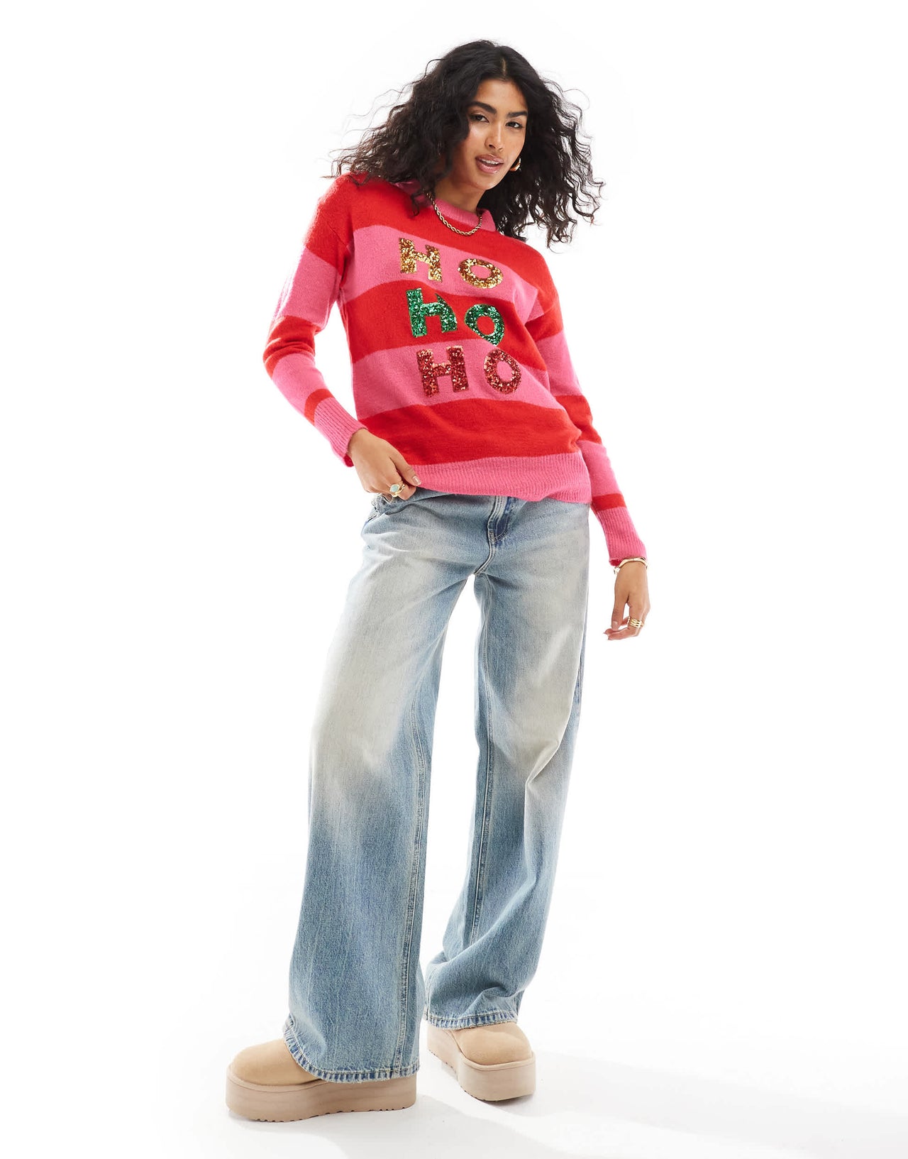 Brave Soul Christmas jumper in red and pink stripe