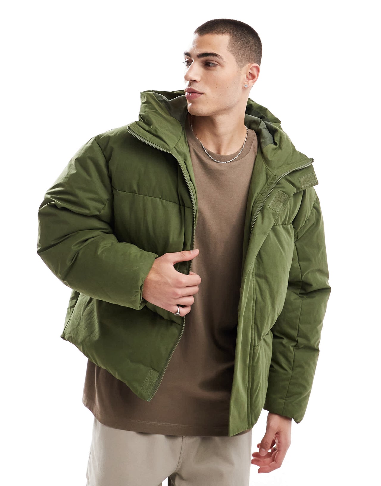 ASOS DESIGN oversized puffer jacket with seam detail in khaki