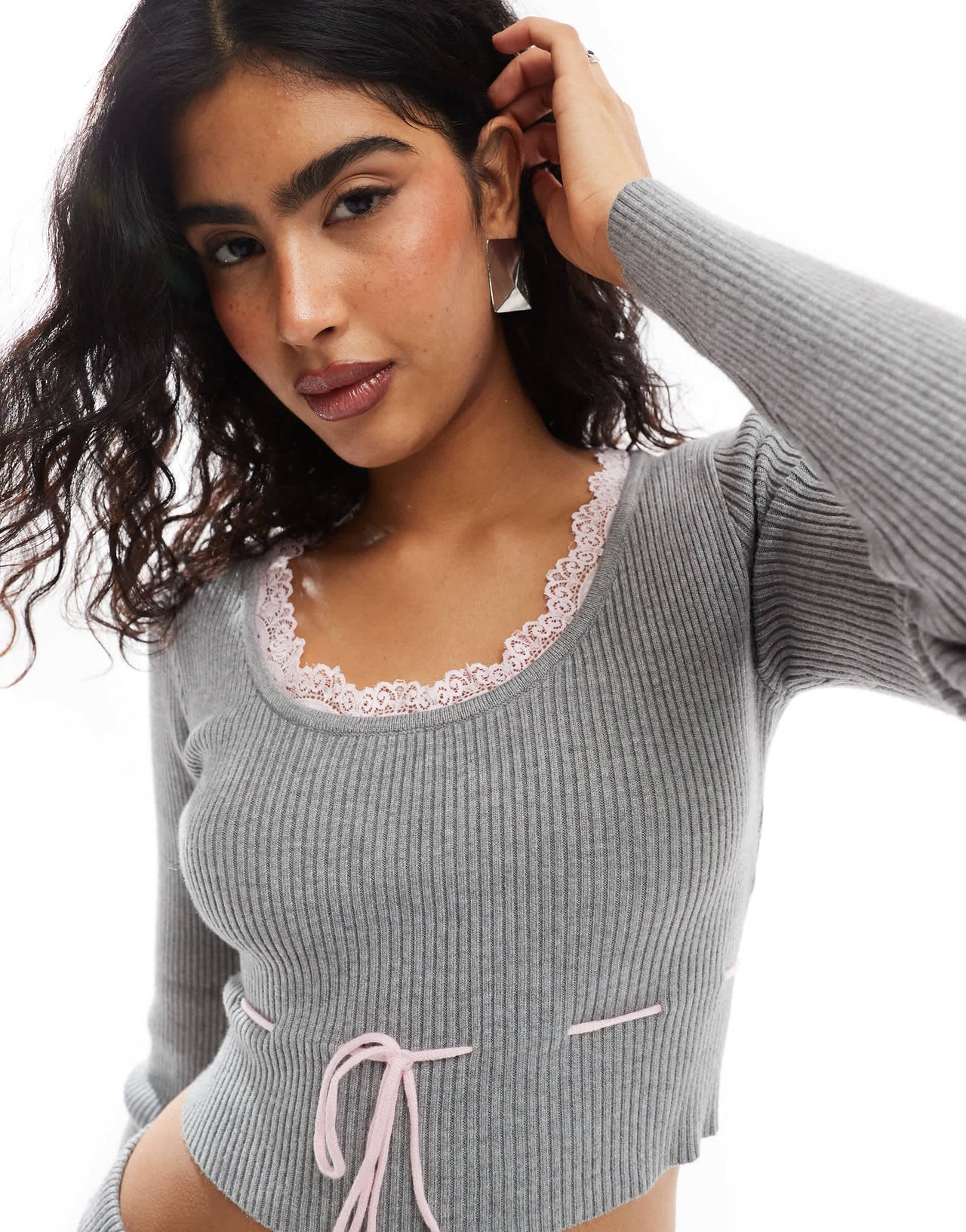 The Frolic exclusive cropped lace trim scoop neck tie detail jumper co-ord in grey