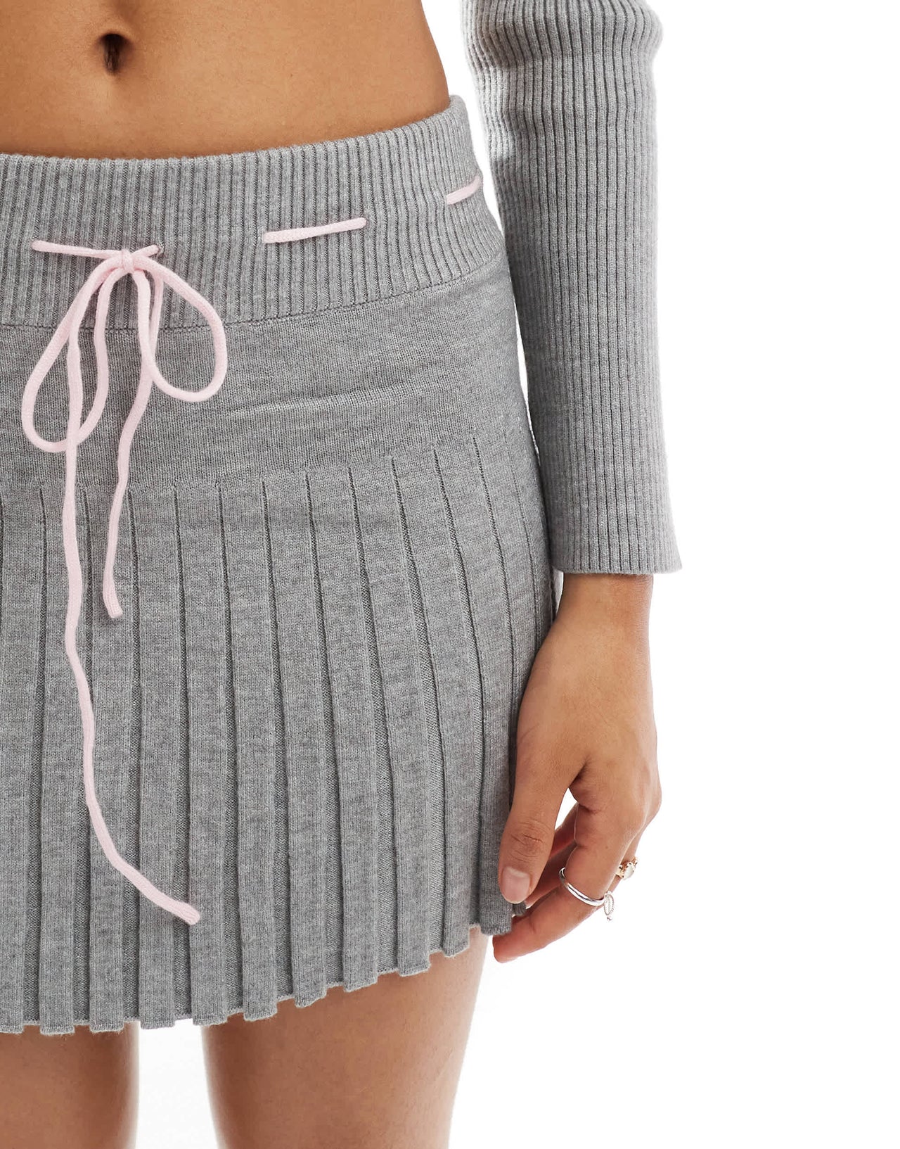 The Frolic exclusive knitted tie detail pleated mini skirt co-ord in grey